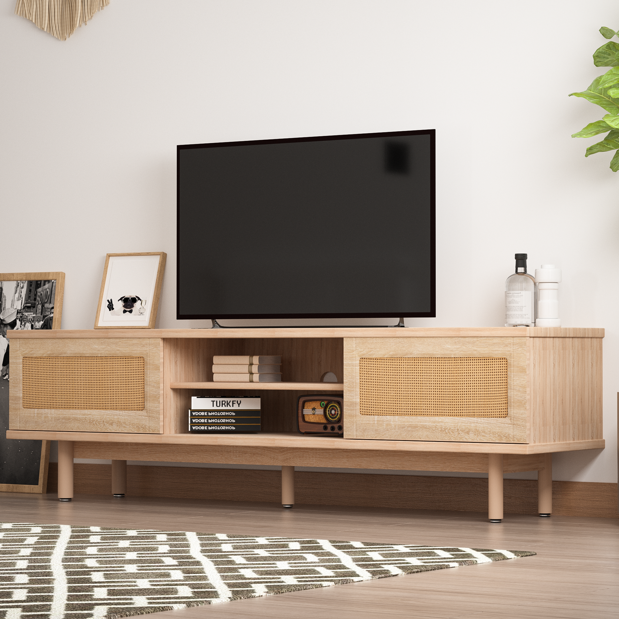 ChVans Tall 59" TV Stand Mid-Century Modern Console for TV Under 75", Wood Entertainment Center with Storage, Drawers, Shelves, Light Brown