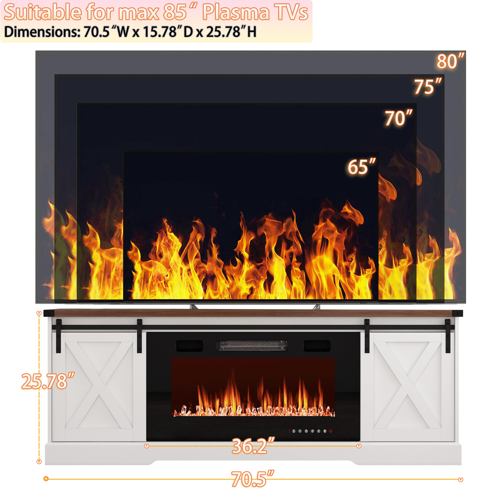Chvans 70” Fireplace TV Stand with 36" Fireplace for up 80" TVs
