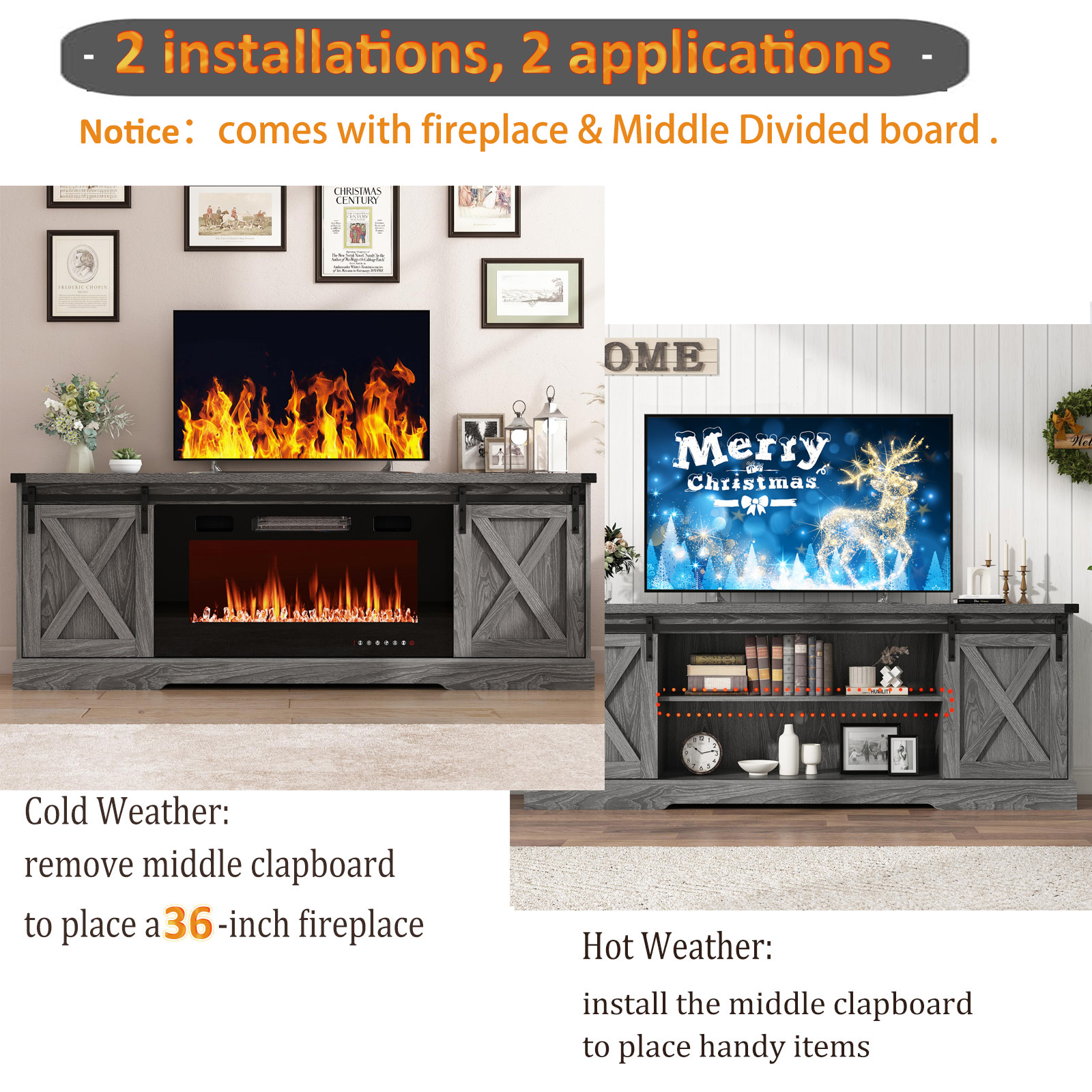 Chvans 70” Fireplace TV Stand with 36" Fireplace for up 80" TVs