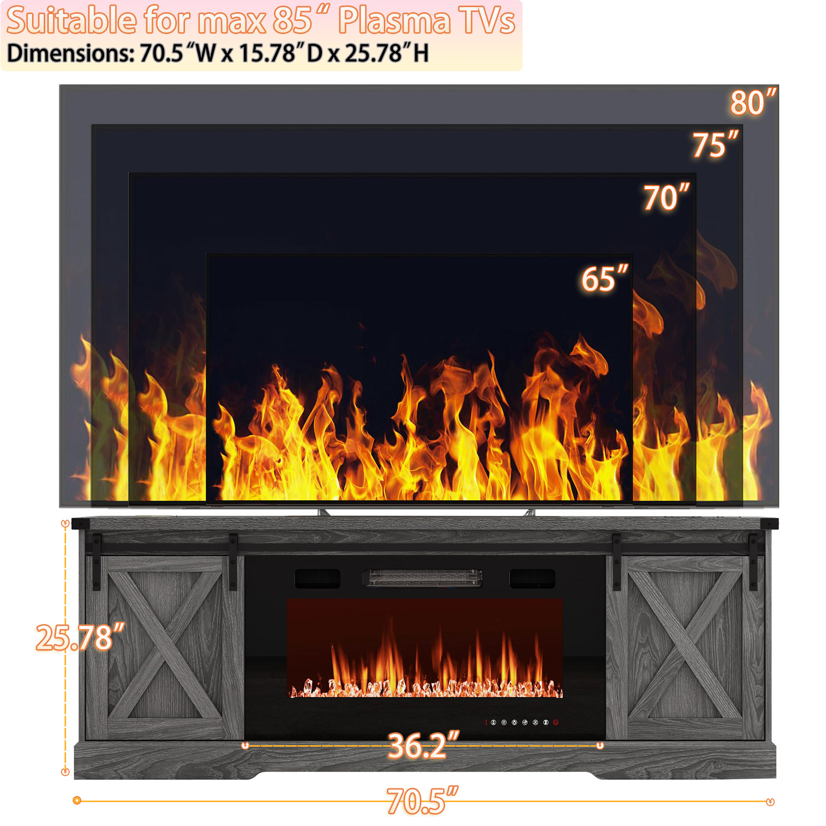 Chvans 70” Fireplace TV Stand with 36" Fireplace for up 80" TVs