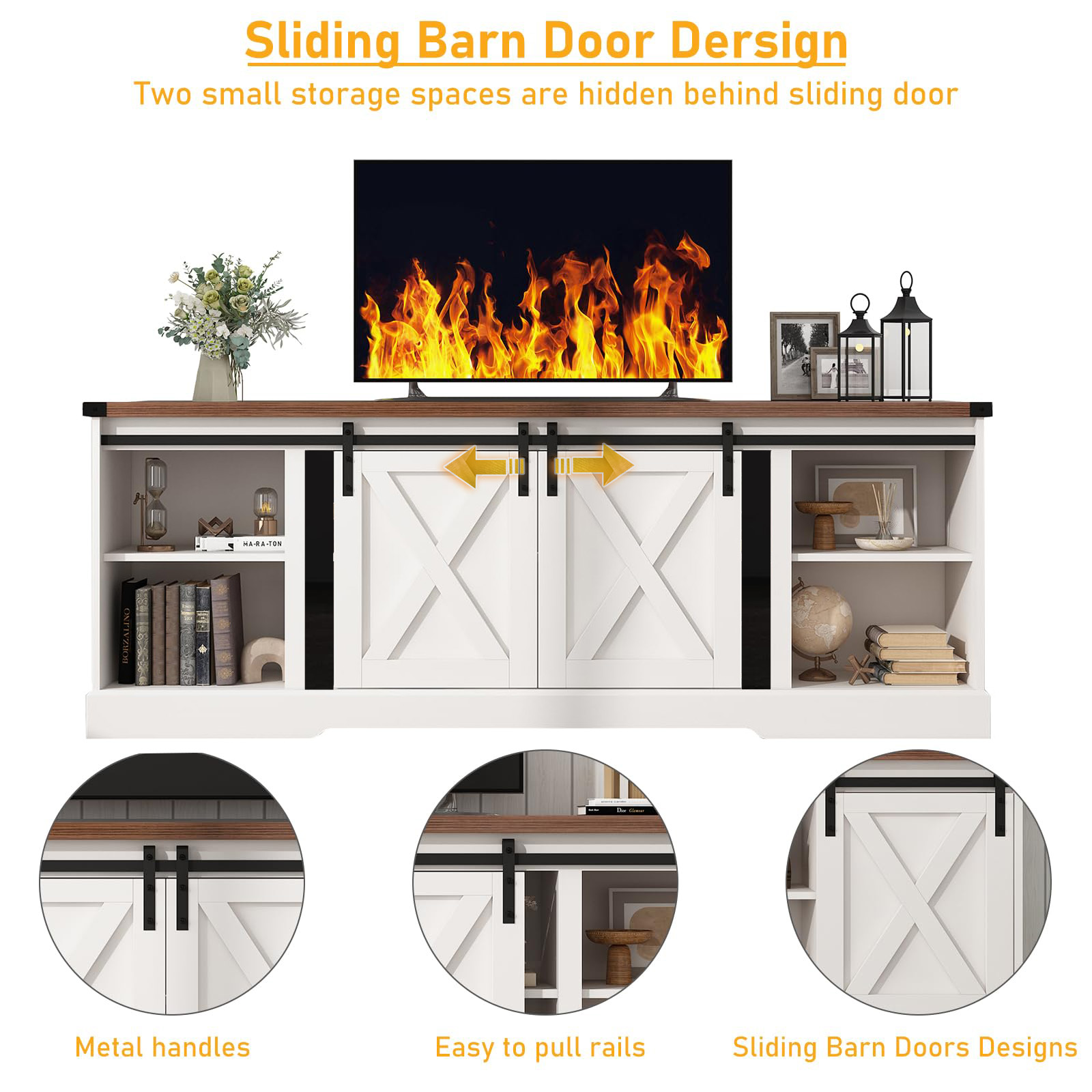 Chvans Farmhouse TV Stand for up 80" TVs/36" Fireplace, 70" Large Entertainment Center Console Table with Barn Door/Adjustable Shevles