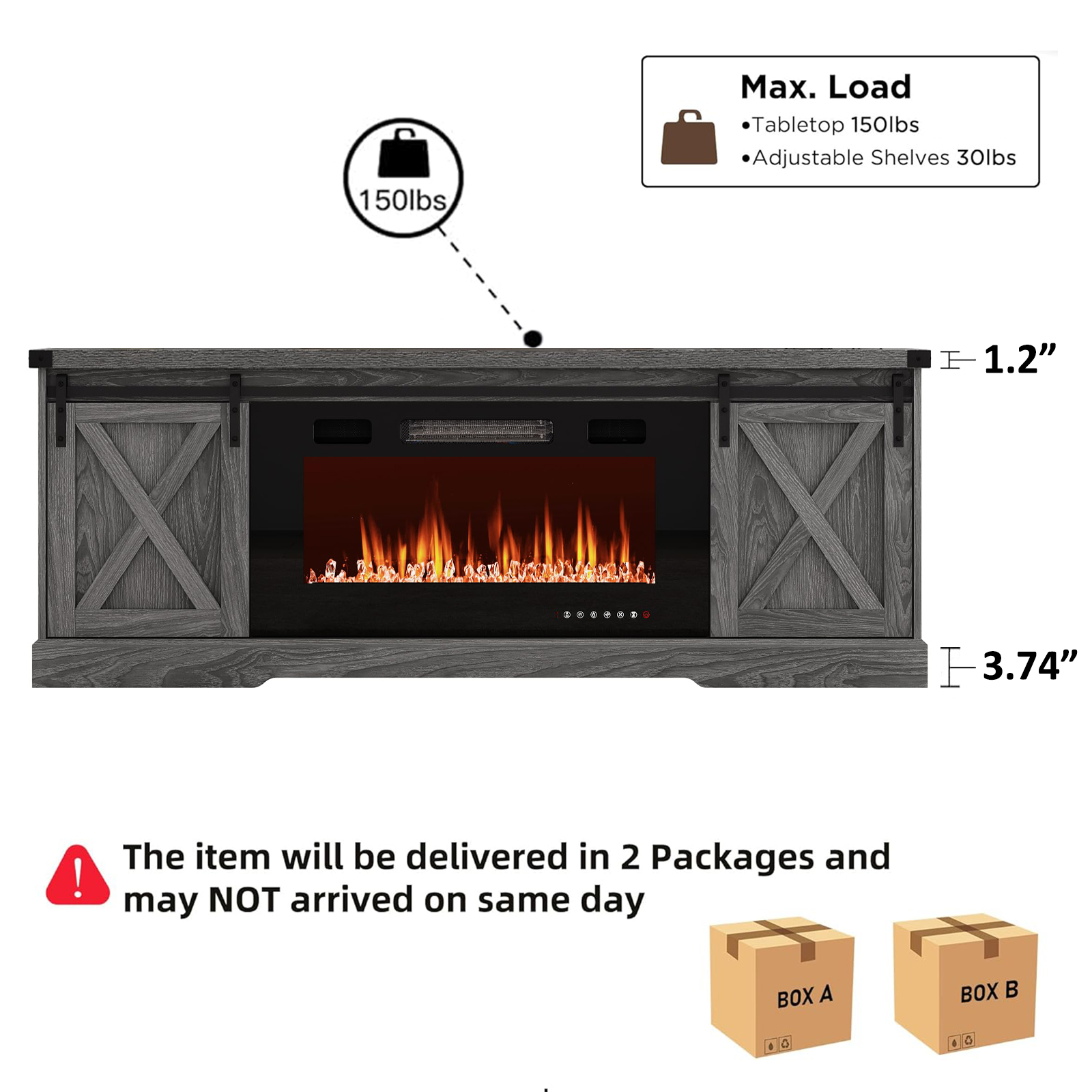 Chvans 70” Fireplace TV Stand with 36" Fireplace for up 80" TVs