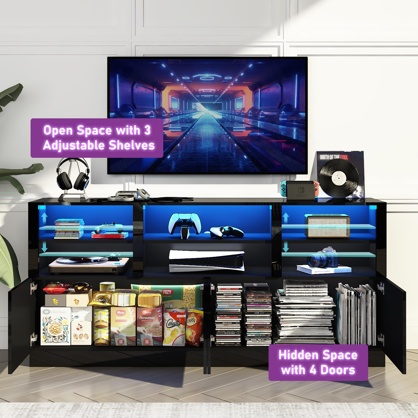 ANPOO LED TV Stand for 75” 80" 85" TVs, Tall Entertainment Center with 4 Door Storage Cabinets