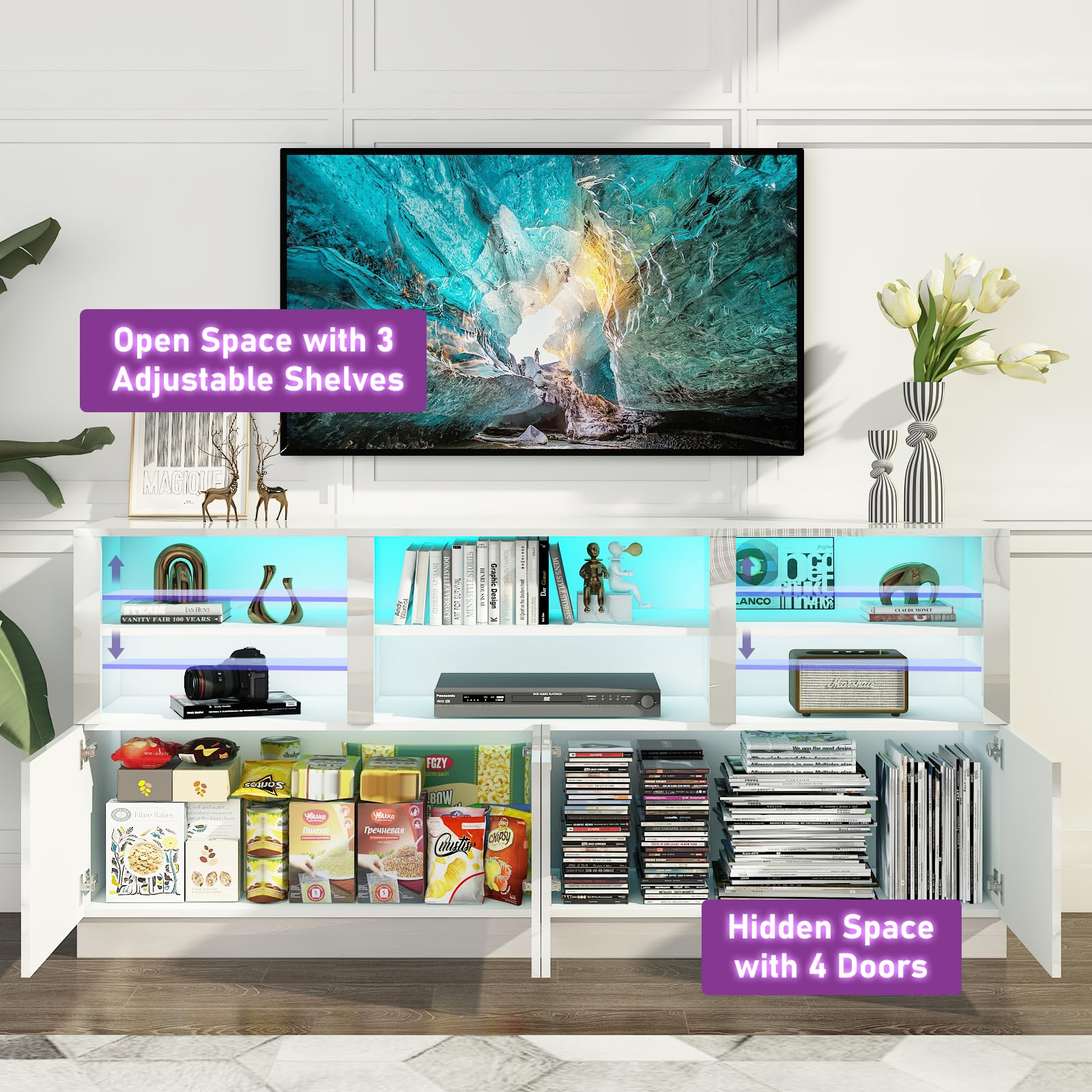 ANPOO LED TV Stand for 75” 80" 85" TVs, Tall Entertainment Center with 4 Door Storage Cabinets