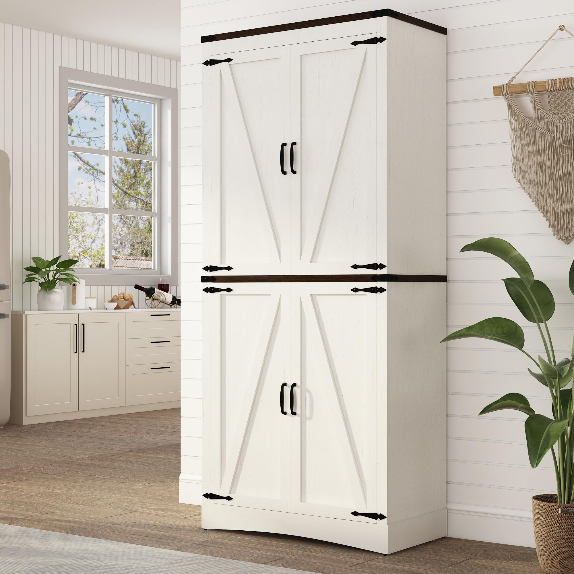 ChVans 71" Tall Farmhouse Kitchen Pantry with Adjustable Shelves,5 Layers Pantry Storage Cabinet with Load-Bearing Steel Pipe&4 Barn Doors for Kitchen,Dining Room,Living Room ,(Brown-71")
