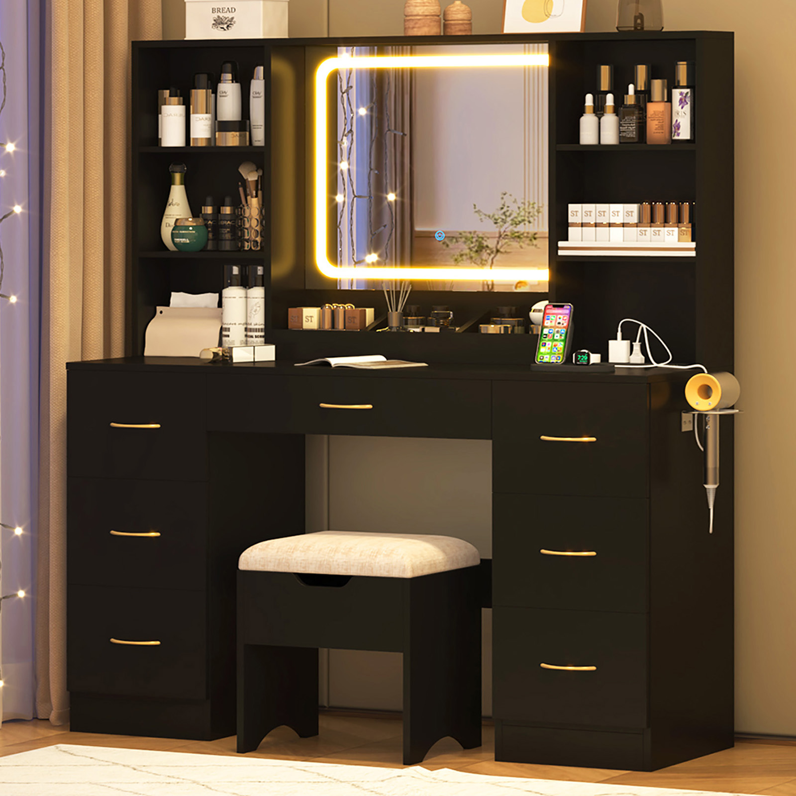 Large Vanity Desk Set with Mirror & LED Light & Power Outlet, 47" White Makeup Vanity with 6 Shelves & 7 Drawers for Women, Girls Gift