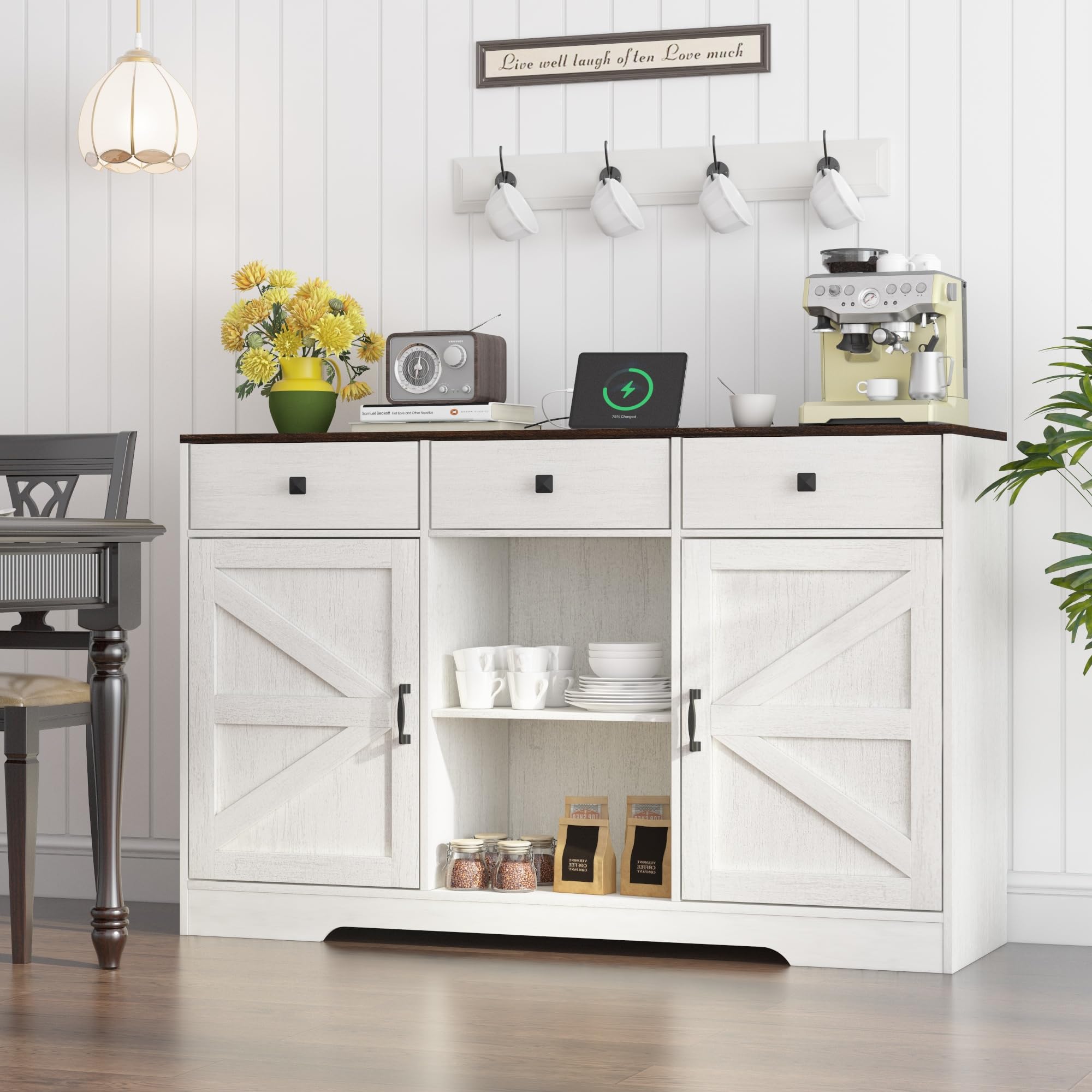 ChVans 54'' 3 Drawer Coffee Bar Cabinet with Power Charging Station & & 2 Doors