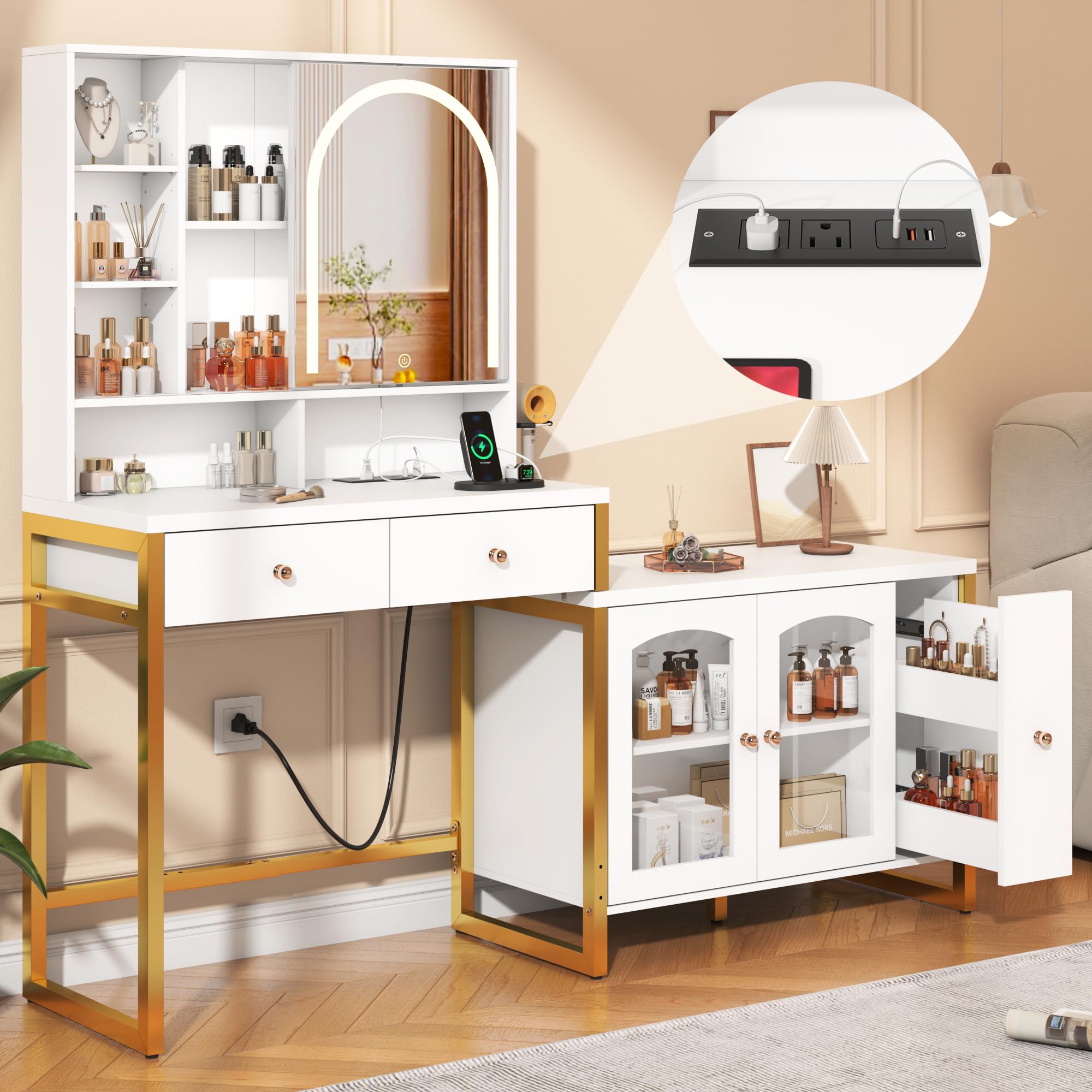 ChVans Corner Vanity Desk with Sliding Mirror and Lights, White and Gold Desk Vanity Tables with Storage Cabinet, Dressing Table for Girls, Women, White