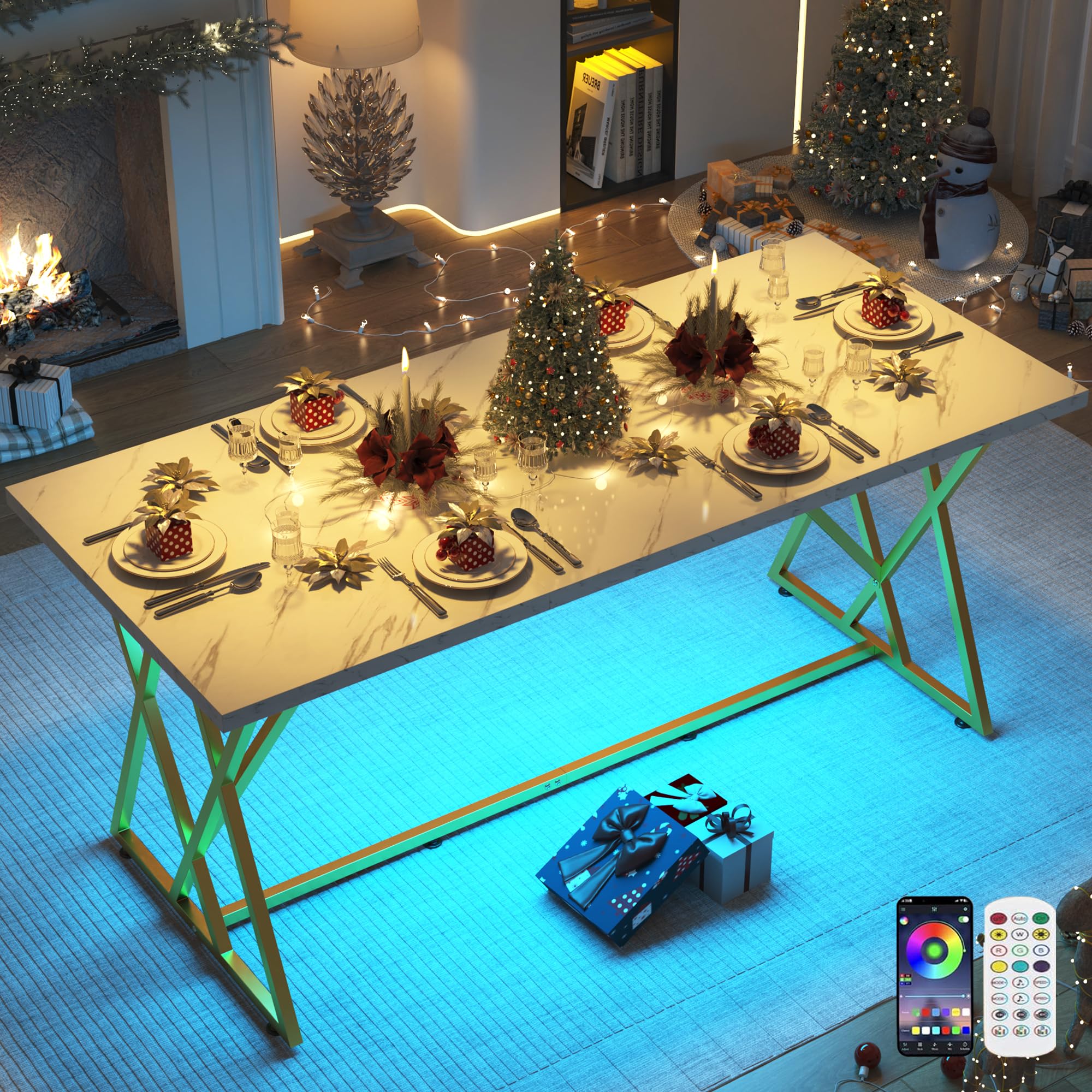 ChVans 71IN Modern Dining Table for 6-8 People, Marble Color Wood Kitchen Table with LED Lights, Adjustable Gold Metal Leg, Rectangular Black Dining Table for Office Dining Room