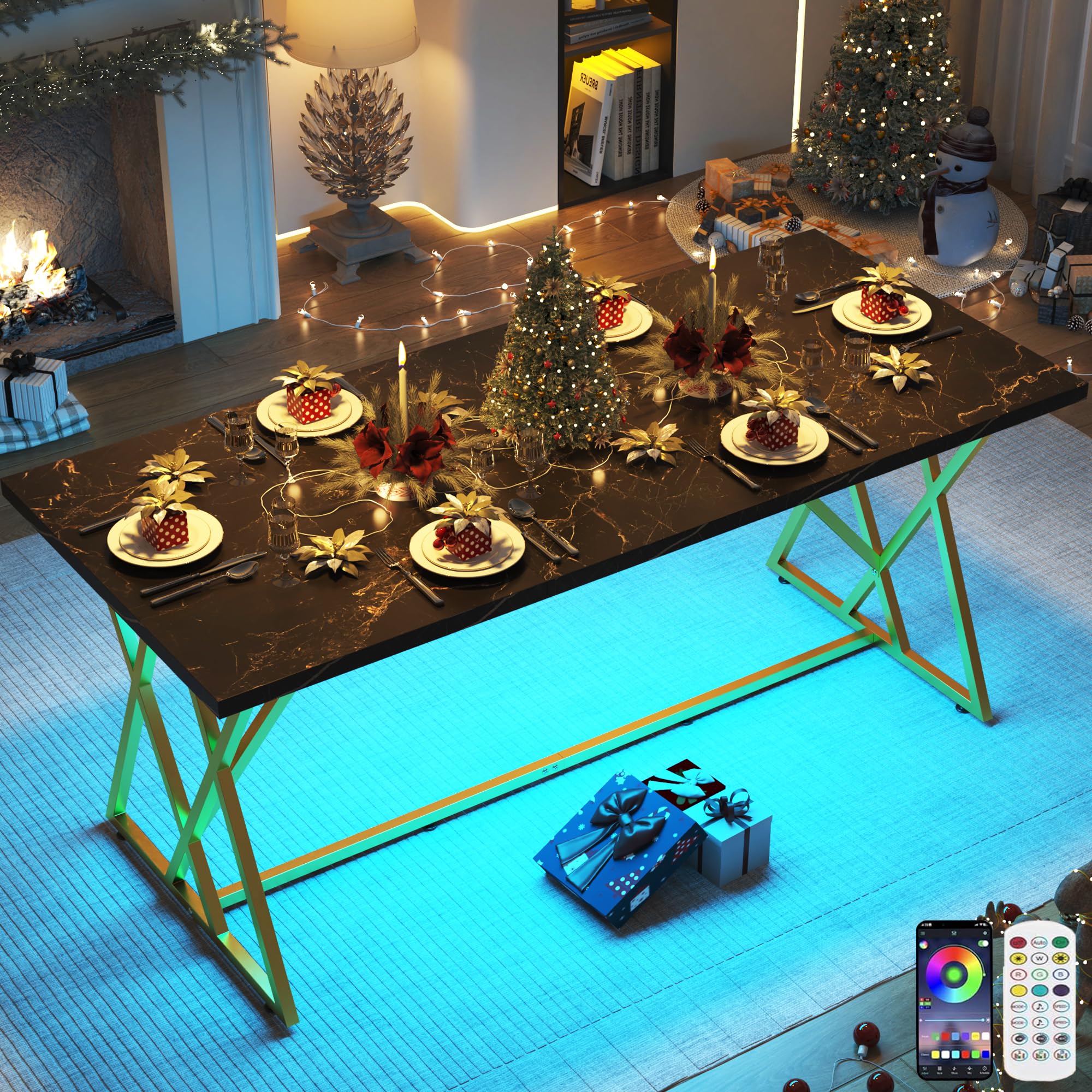 ChVans 71IN Modern Dining Table for 6-8 People, Marble Color Wood Kitchen Table with LED Lights, Adjustable Gold Metal Leg, Rectangular Black Dining Table for Office Dining Room