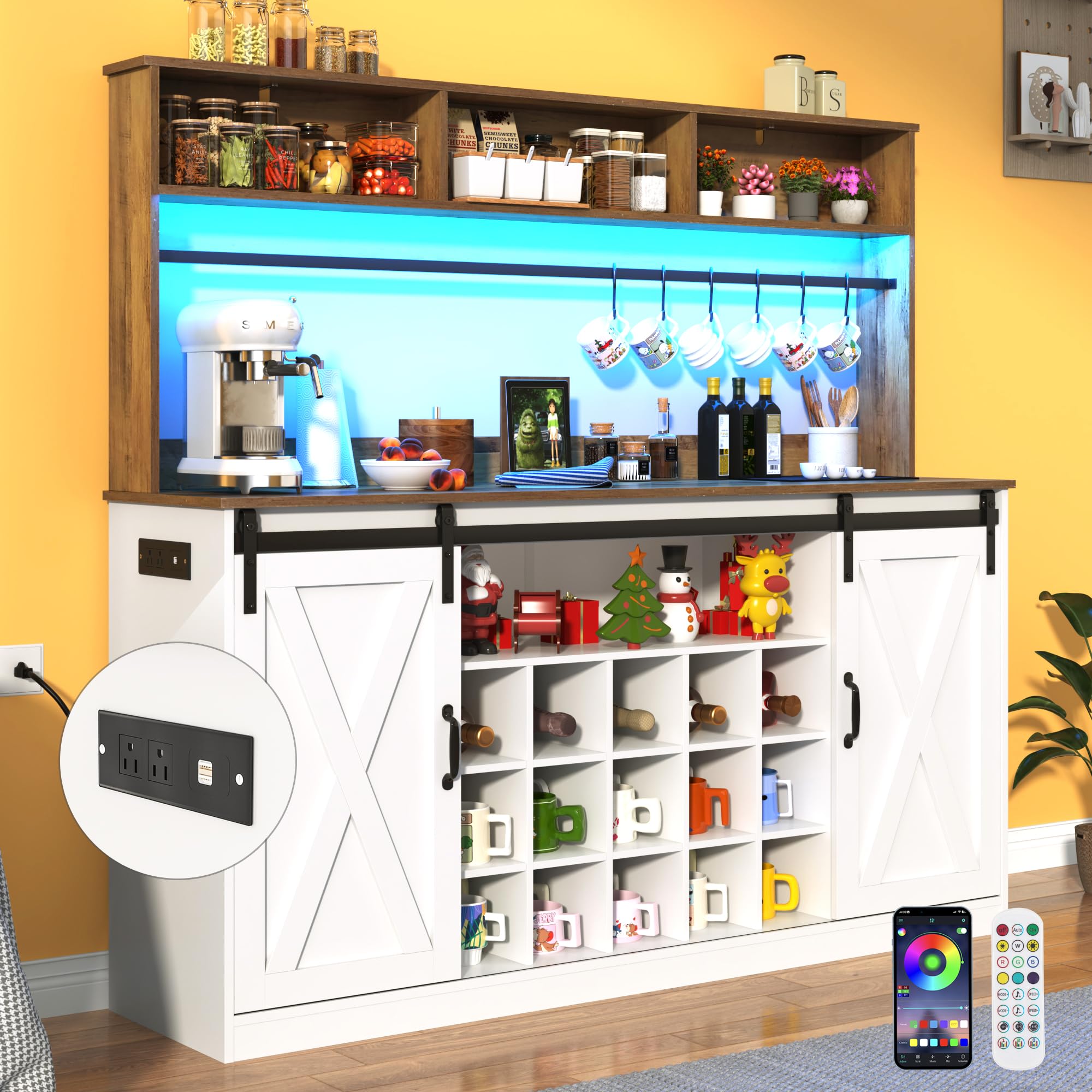 Chvans Farmhouse Coffee Bar Cabinet, 58" Tall Bar Cabinet with LED Lights & Power Outlet, Sideboard Buffet Cabinet with Storage Barn Door, Adjustable Shelf, 9 Wine Racks, 6 Hooks