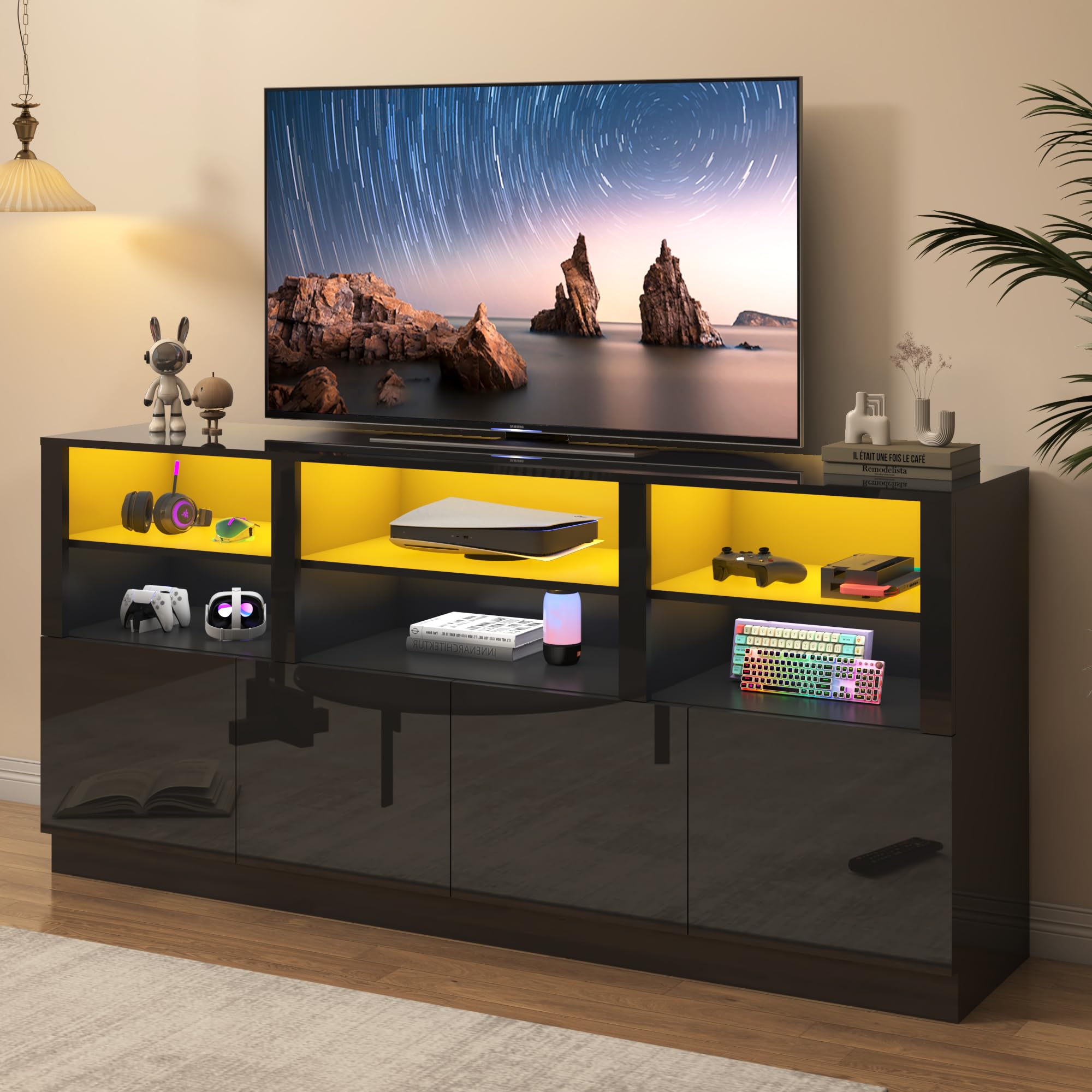 ANPOO LED TV Stand for 75” 80" 85" TVs, Tall Entertainment Center with 4 Door Storage Cabinets