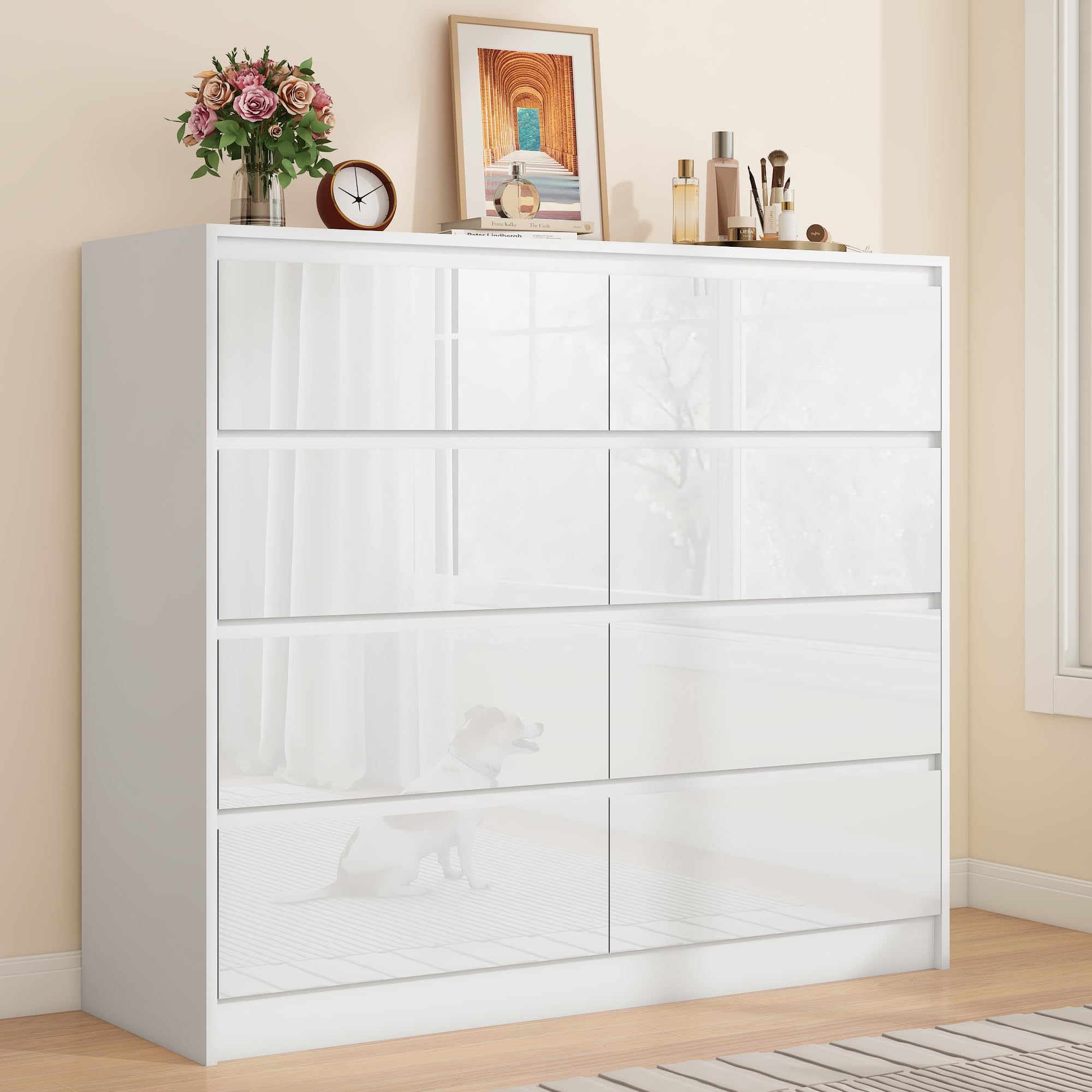 ChVans 8 Drawer Black Dresser for Bedroom, Modern High Gloss 8 Drawers Double Dressers, Wood Chest of Drawer Handle Free,Long Dresser for Bedroom,Living Room,Entryway,Hallway