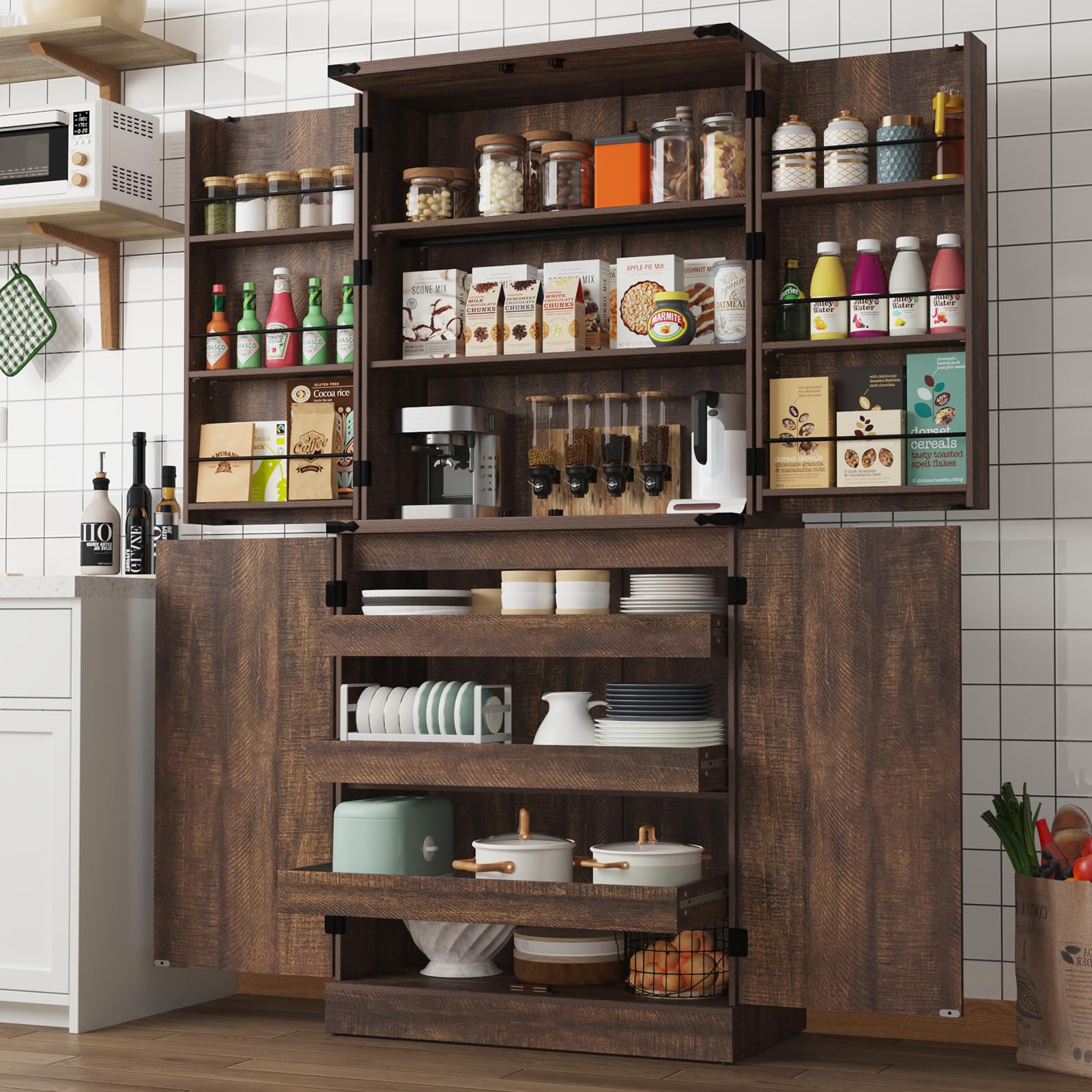 ChVans 71" Tall Farmhouse Kitchen Pantry with 6 Door Shelves & 3 Pack Drawers, 7 Layers Pantry Storage Cabinet w/Load-Bearing Steel Pipe/4 Barn Doors for Kitchen, Dining Room, Living Room,Brown