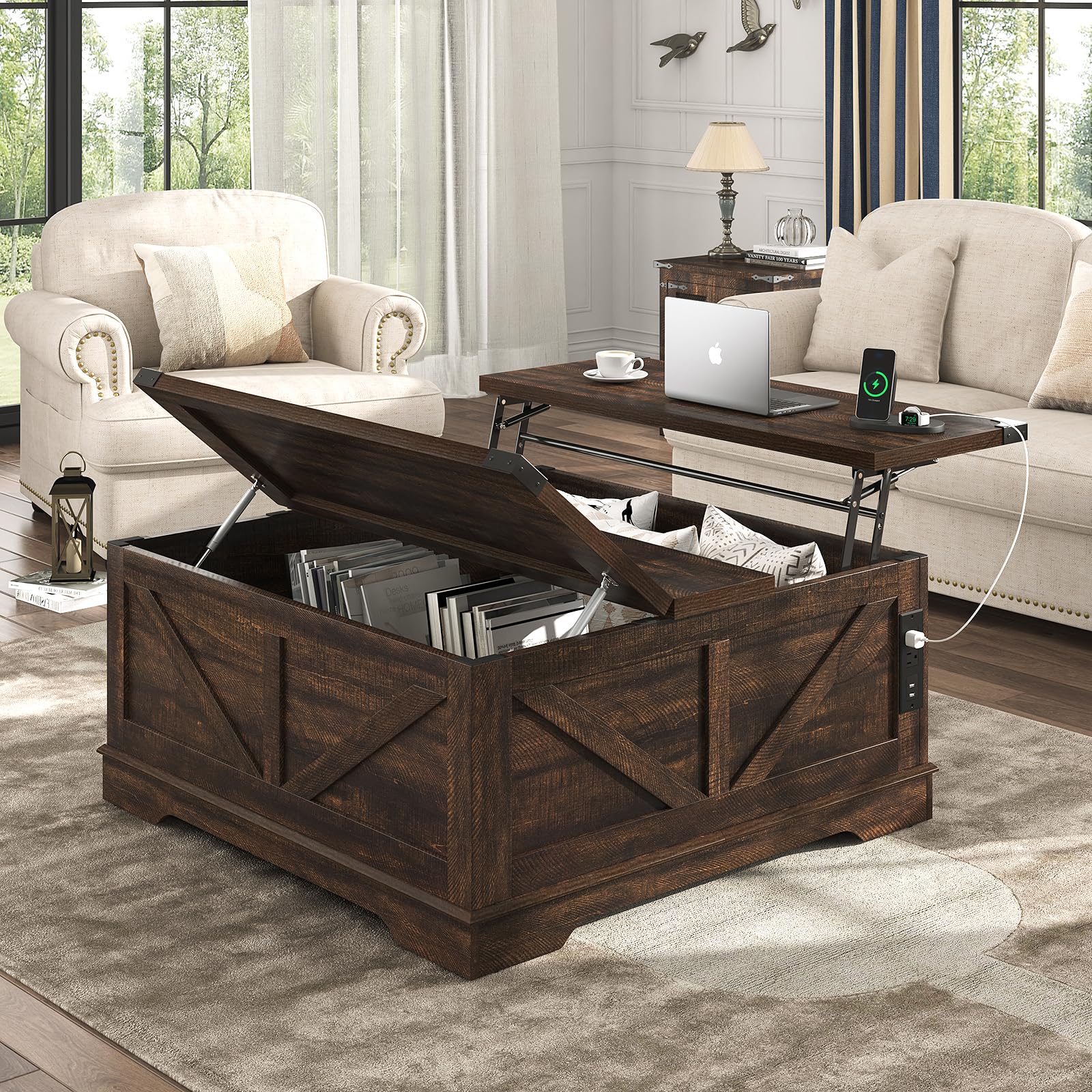 ChVans 35.6" Square Lift Top Coffee Table, Farmhouse Coffee Table with Storage & Charging Ports, Wood Center Table w/Large Hidden Space for Living Room Home Office, Brown