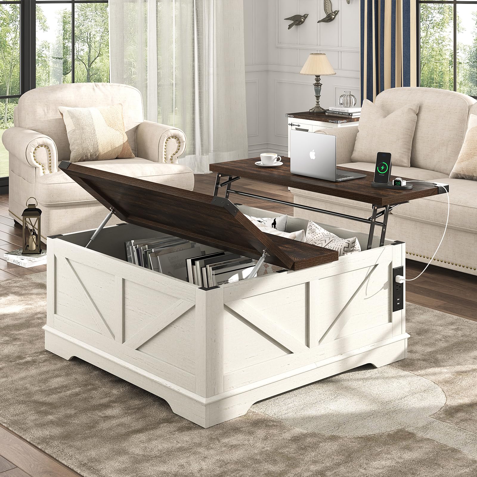 ChVans 35.6" Square Lift Top Coffee Table, Farmhouse Coffee Table with Storage & Charging Ports, Wood Center Table w/Large Hidden Space for Living Room Home Office, Brown