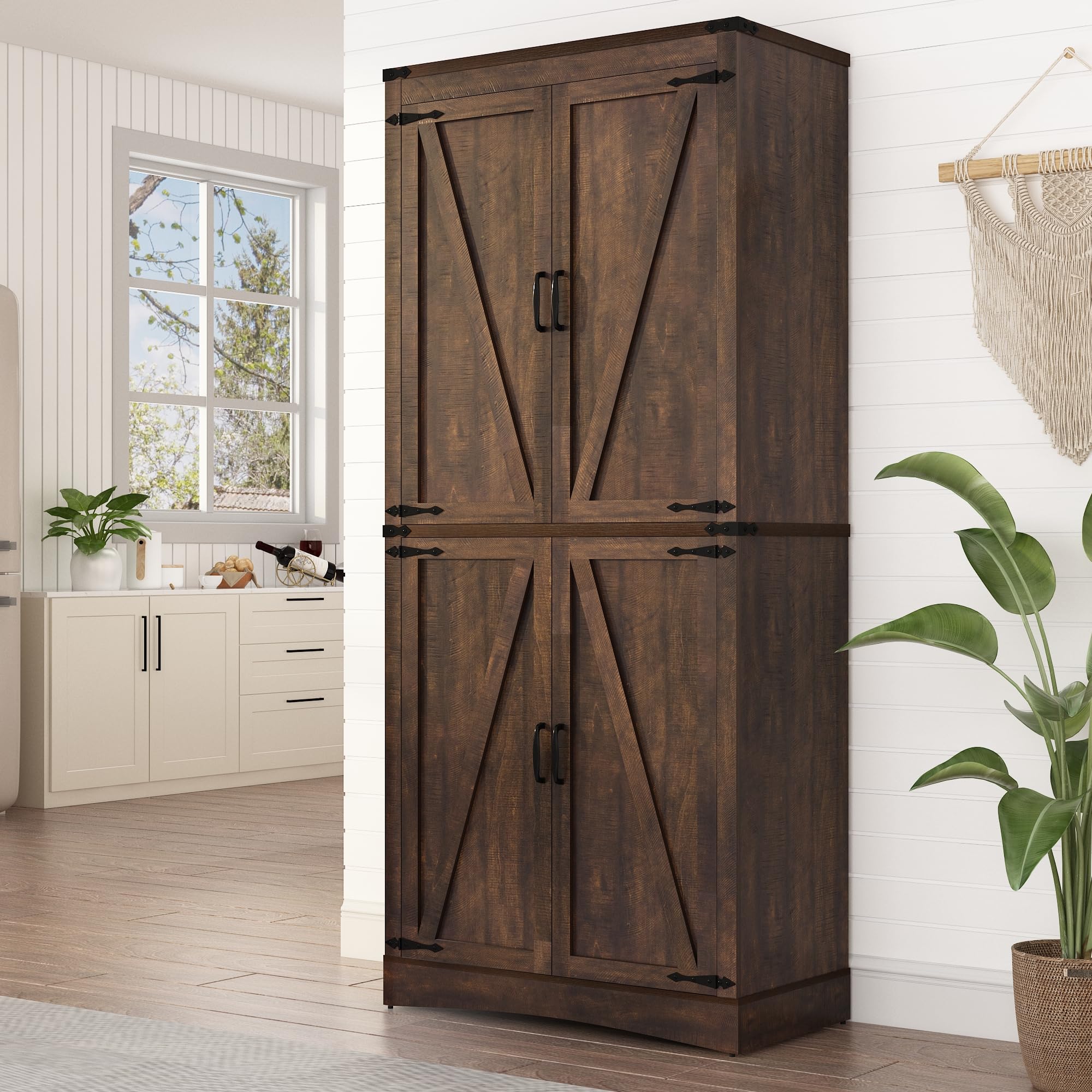 ChVans 71" Tall Farmhouse Kitchen Pantry with Adjustable Shelves,5 Layers Pantry Storage Cabinet with Load-Bearing Steel Pipe&4 Barn Doors for Kitchen,Dining Room,Living Room ,(Brown-71")