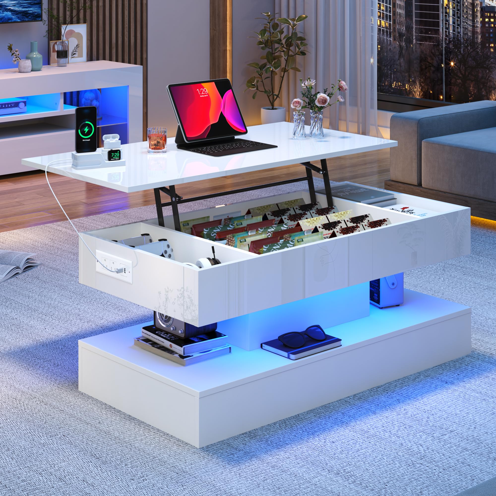 ChVans 47" Large Lift Top Coffee Table with Charging Station & LED Lights, High Glossy White LED Coffee Table with Hidden Compartment Storage, Modern Living Room Tables w/Marbling Print