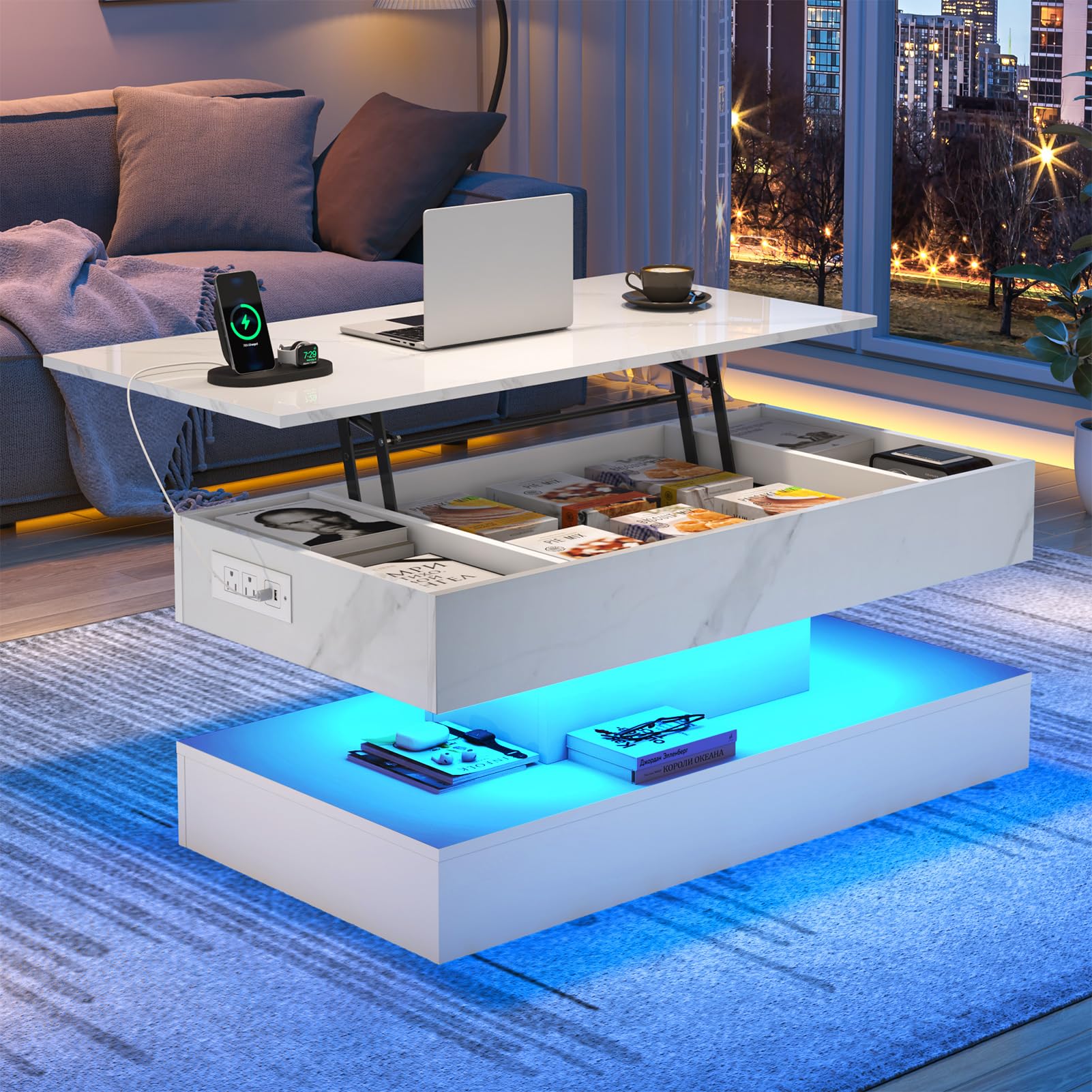 ChVans 47" Large Lift Top Coffee Table with Charging Station & LED Lights, High Glossy White LED Coffee Table with Hidden Compartment Storage, Modern Living Room Tables w/Marbling Print