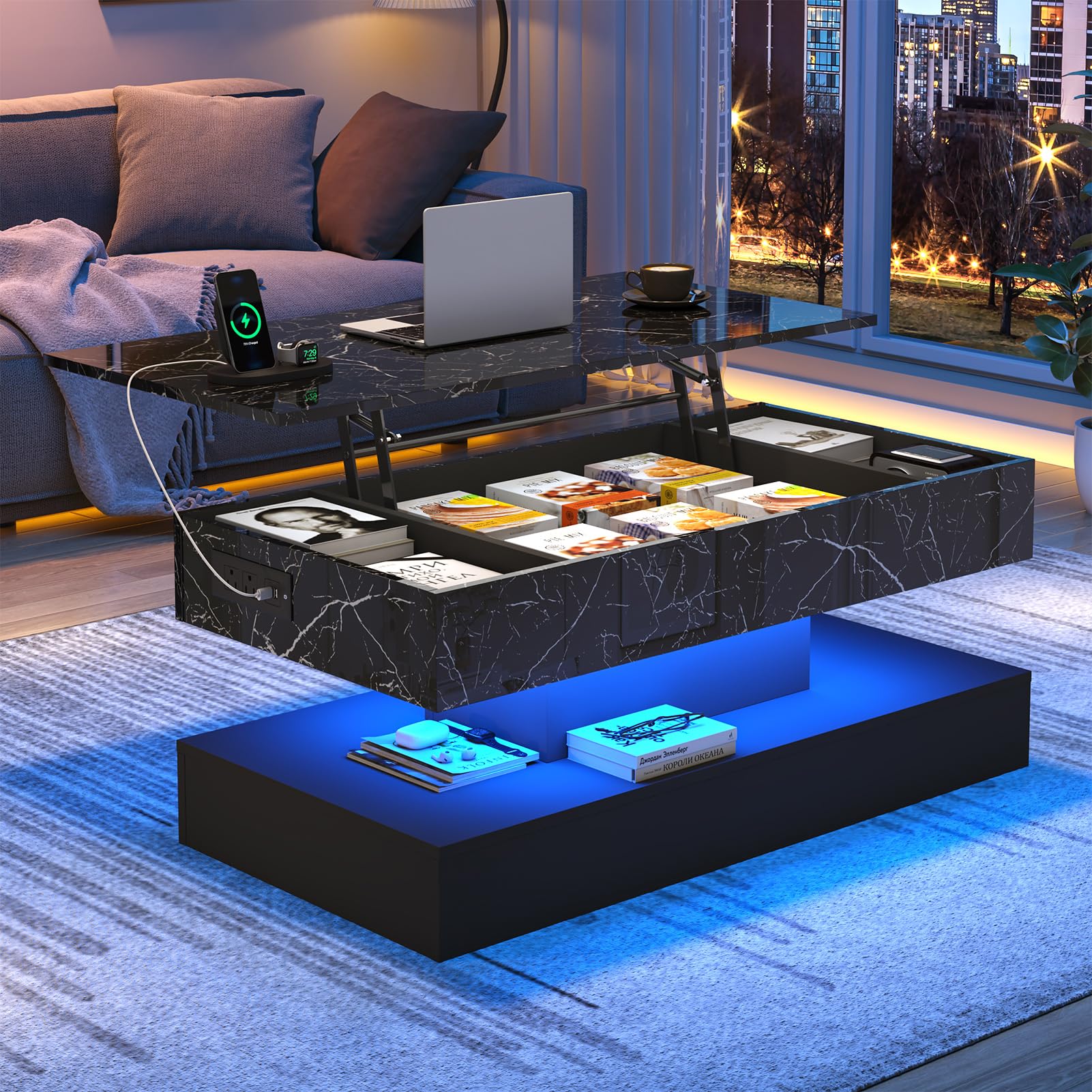 ChVans 47" Large Lift Top Coffee Table with Charging Station & LED Lights, High Glossy White LED Coffee Table with Hidden Compartment Storage, Modern Living Room Tables w/Marbling Print