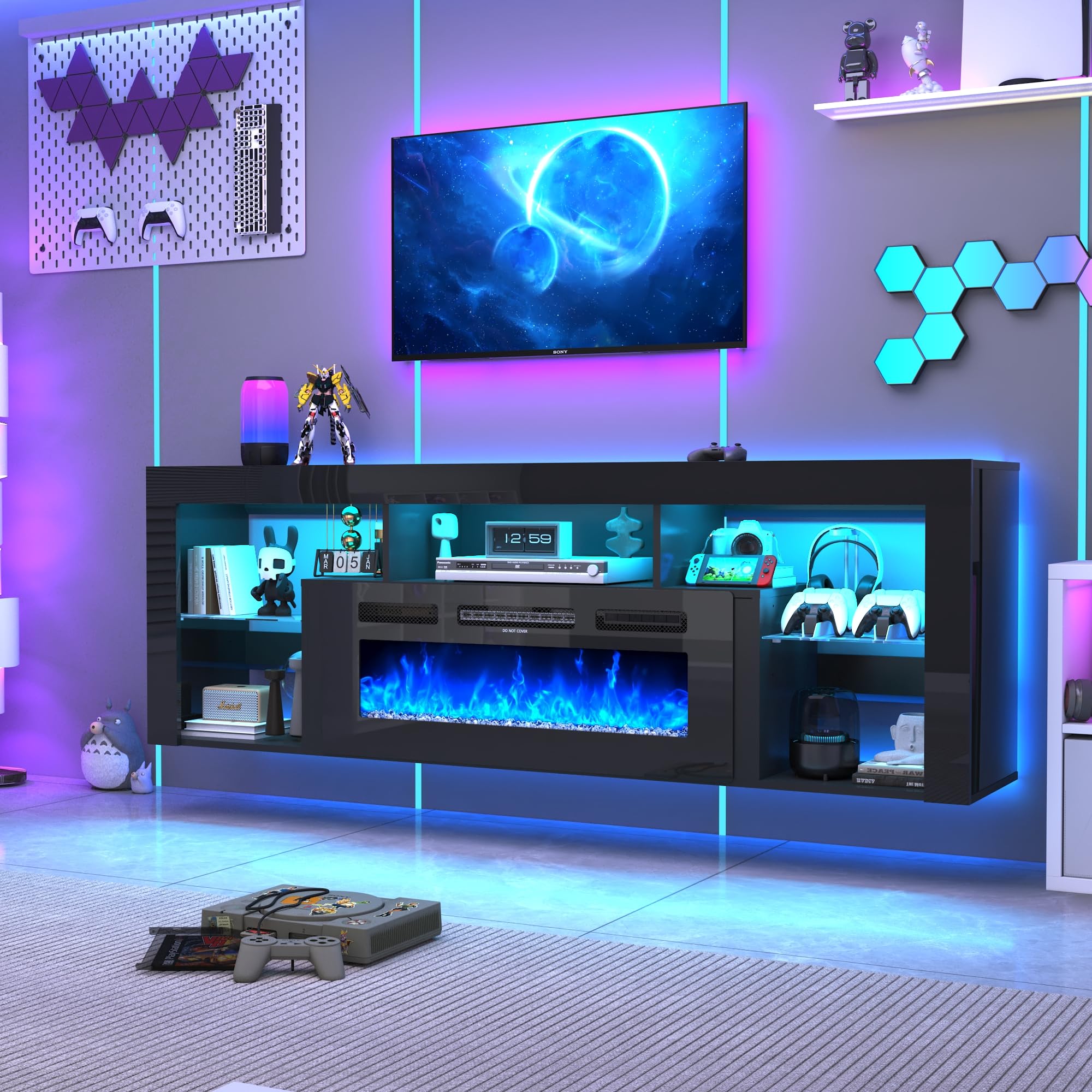 71'' Floating Fireplace TV Stand for 75/80''TV with 40'' Fireplace, LED Modern White High Gloss Entertainment Center w/lights, Power Outlet, Adjustable Shelf, 2-Tier TV Console Cabinet with Storage