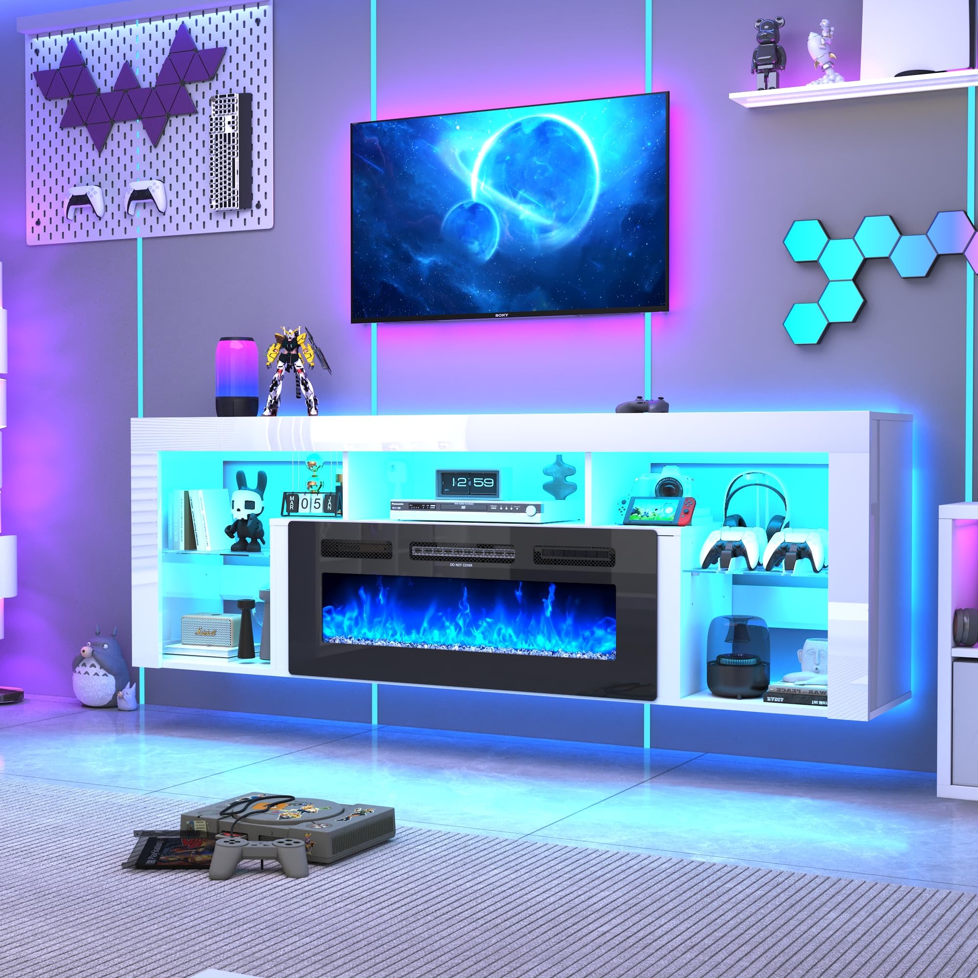 71'' Floating Fireplace TV Stand for 75/80''TV with 40'' Fireplace, LED Modern White High Gloss Entertainment Center w/lights, Power Outlet, Adjustable Shelf, 2-Tier TV Console Cabinet with Storage