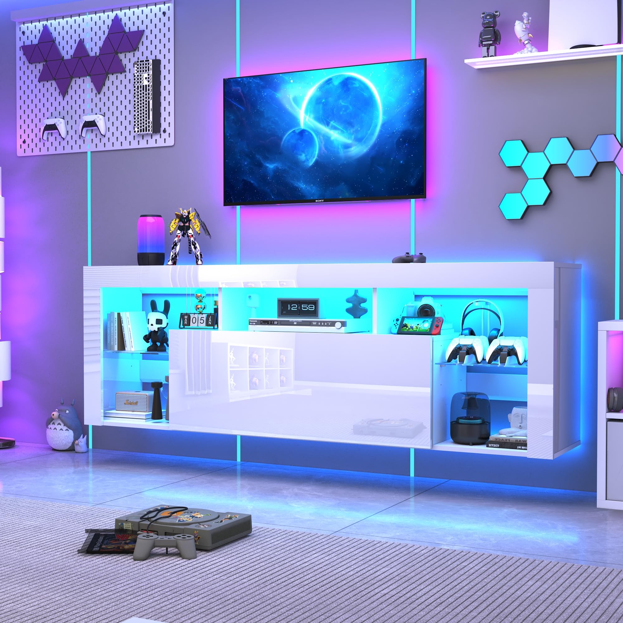 71'' Floating Fireplace TV Stand for 75/80''TV with 40'' Fireplace, LED Modern White High Gloss Entertainment Center w/lights, Power Outlet, Adjustable Shelf, 2-Tier TV Console Cabinet with Storage