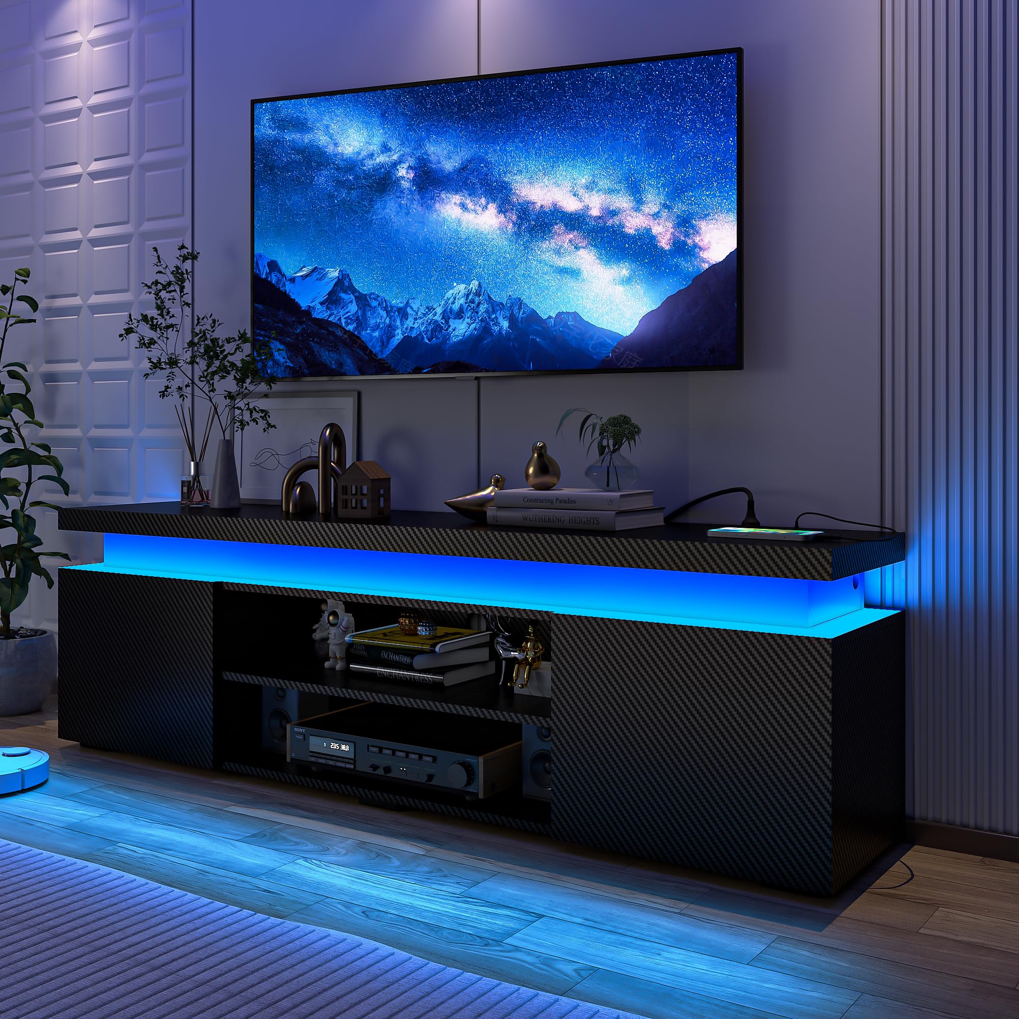 LED TV Stand with Power Outlets for TVs up to 75", High Gloss Media Console for PS5 Gaming Entertainment Center with Storage Cabinet