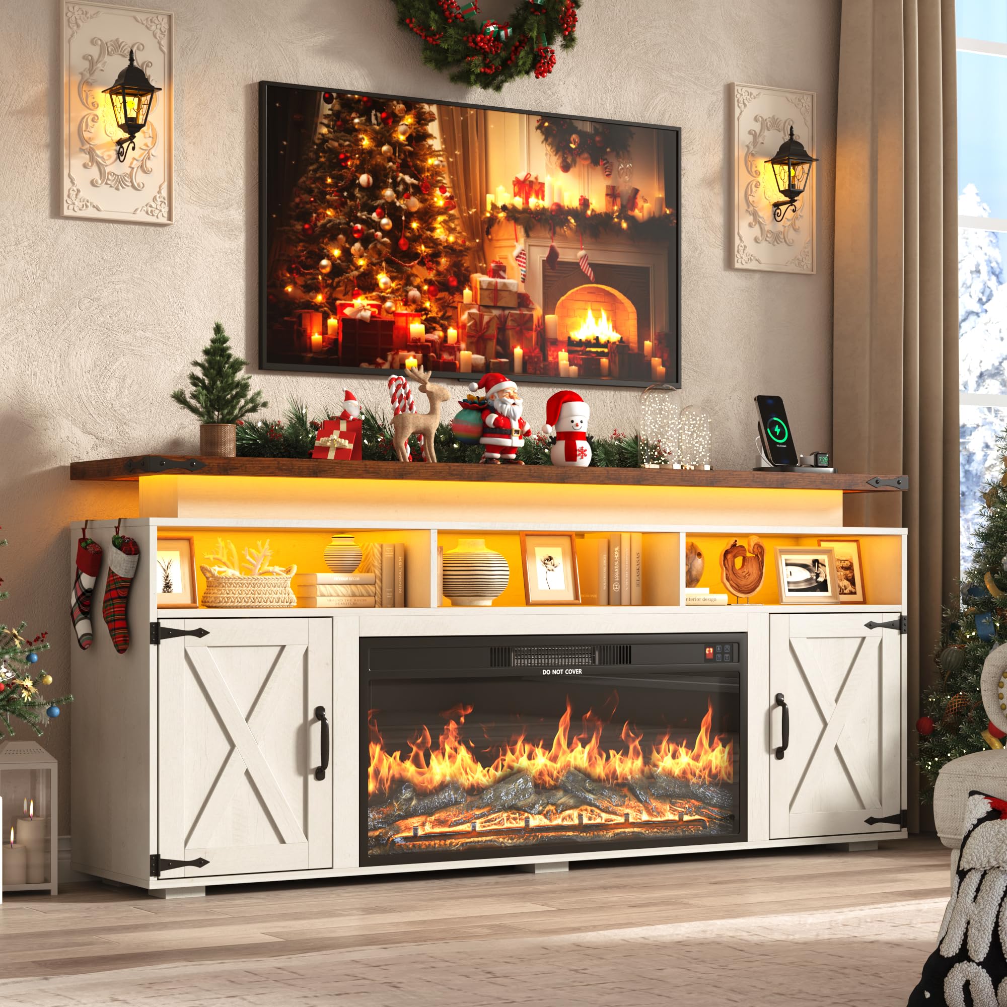 ChVans 70.8" Farmhouse Fireplace TV Stand for TVs up to 80" with 36" Electric Fireplace, 32" Tall Entertainment Center with Power Outlet/LED Lights, Media Console w/Sliding Barn Door for Living Room