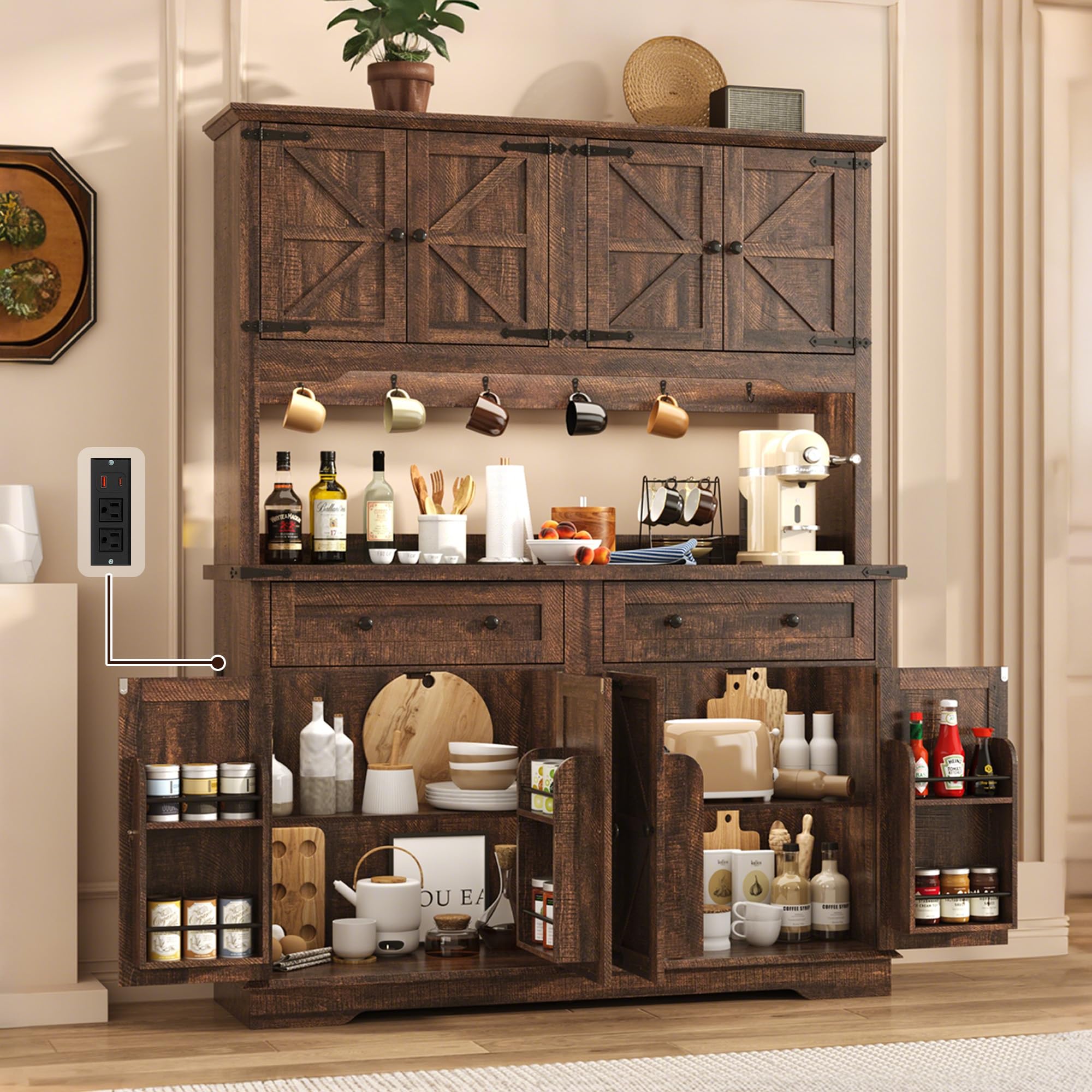 ANPOO 71" Tall Farmhouse Kitchen Pantry Cabinet with LED Light, Power Outlet & 4 Doors with Door-mounted Storage, Large Freestanding Storage Hutch with Open Countertop for Dining Room, Living Room