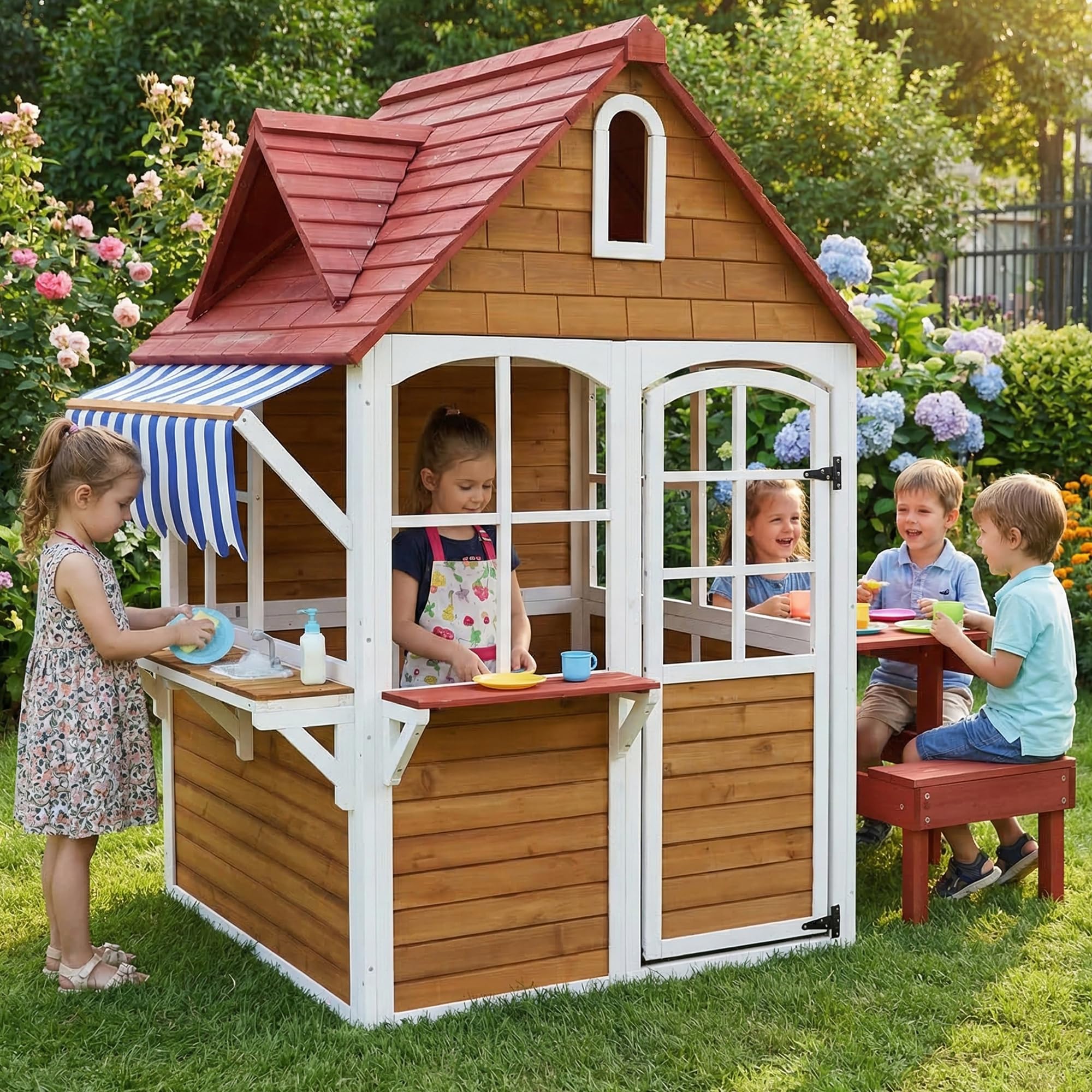 ANPOO Outdoor Wooden Kids Playhouse, Large Play House with Bench/Table/Kitchen/Flower Pot Holders/Toys, Outdoor Play Toy Gift for Ages 3+