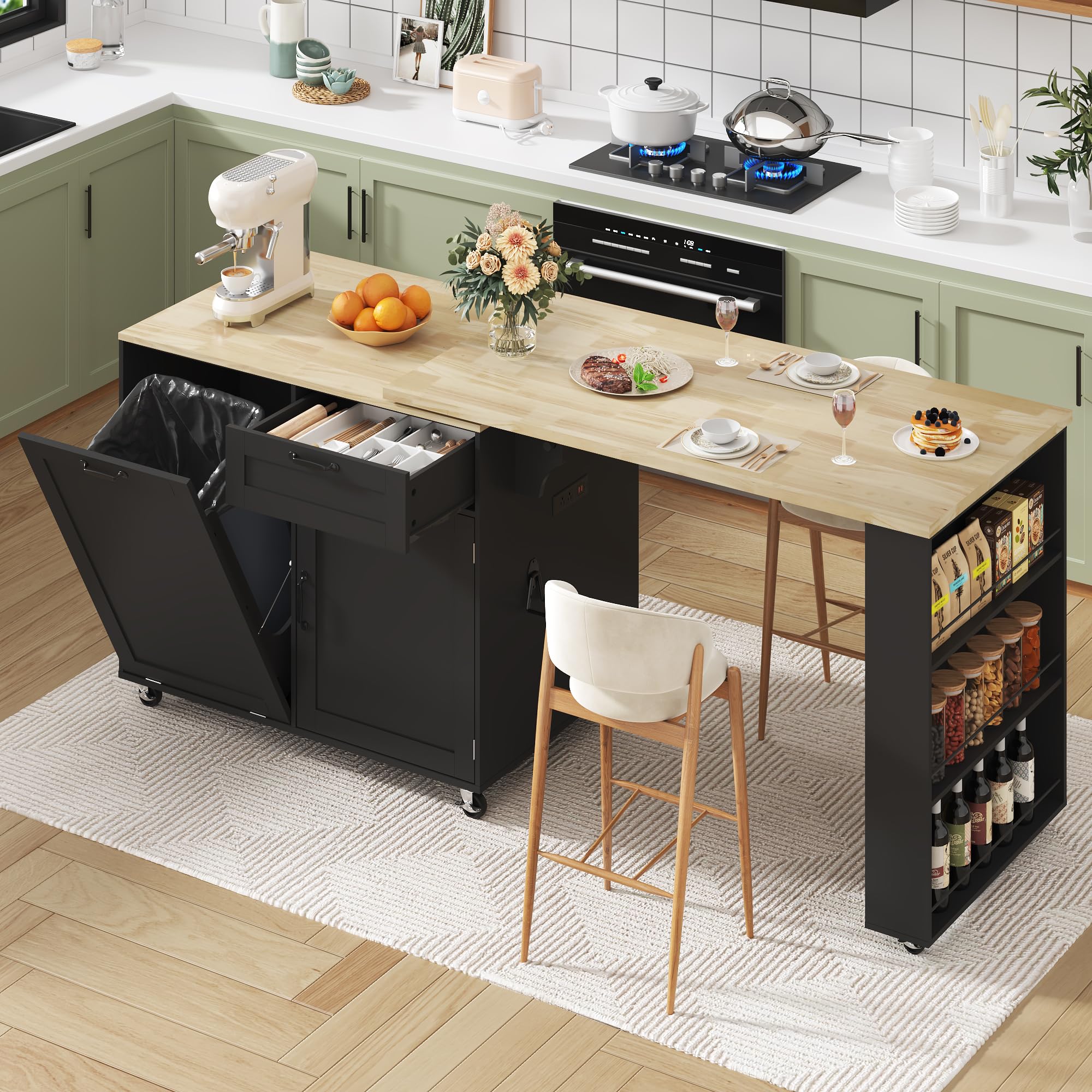 ANPOO 360° Rotating Rolling Kitchen Island Cart with Tilt-Out Trash Bin, Extendable Table, Spice Rack, Storage Cabinet & Drawer, Lockable Wheels, Modern Wooden Cart for Kitchens & Dining Rooms