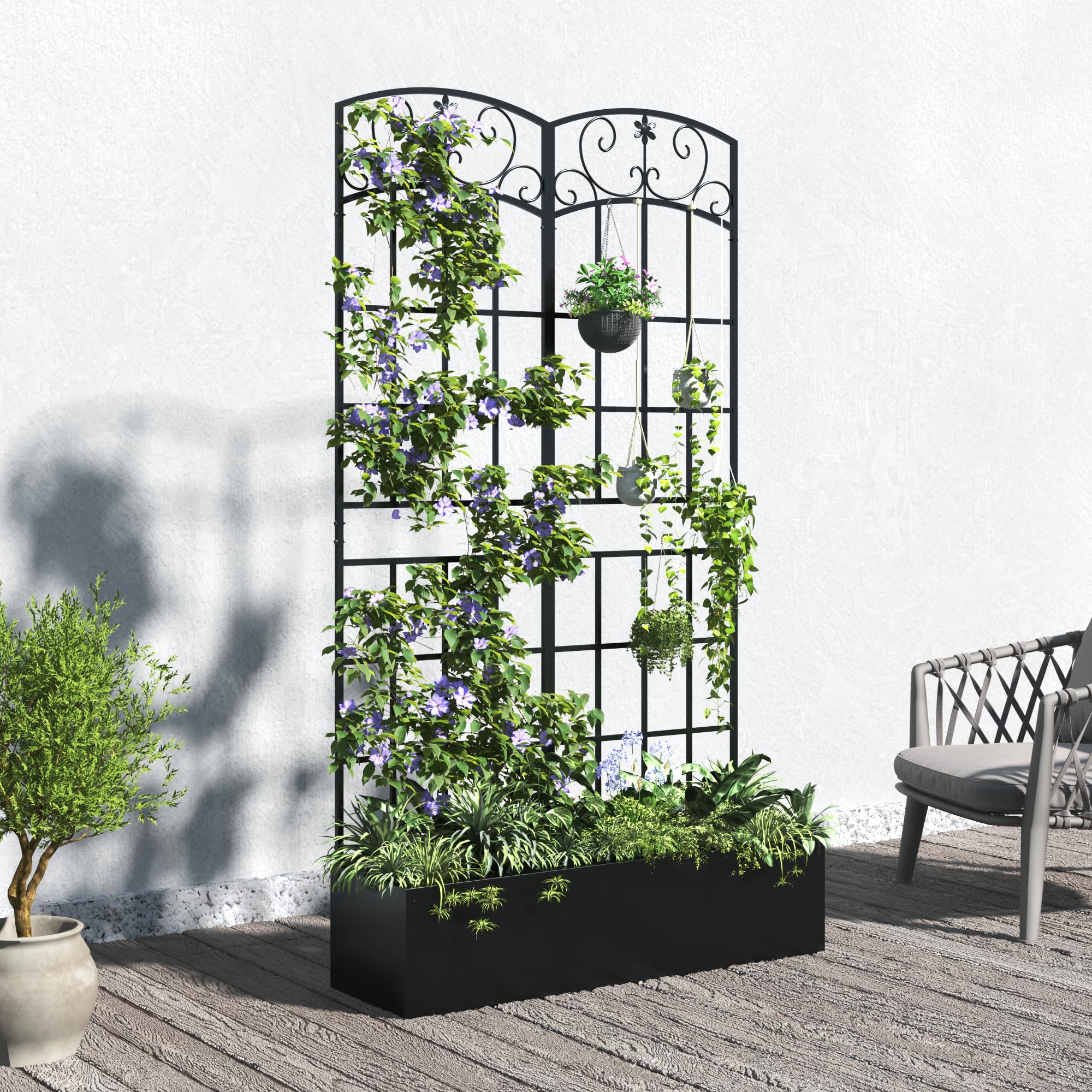 Coumy Metal Raised Garden Bed with Trellis, 70.9"x40.4"x11.8" Planter Box with Drainage Holes & Privacy Screen for Climbing Plants, Vegetables & Vines