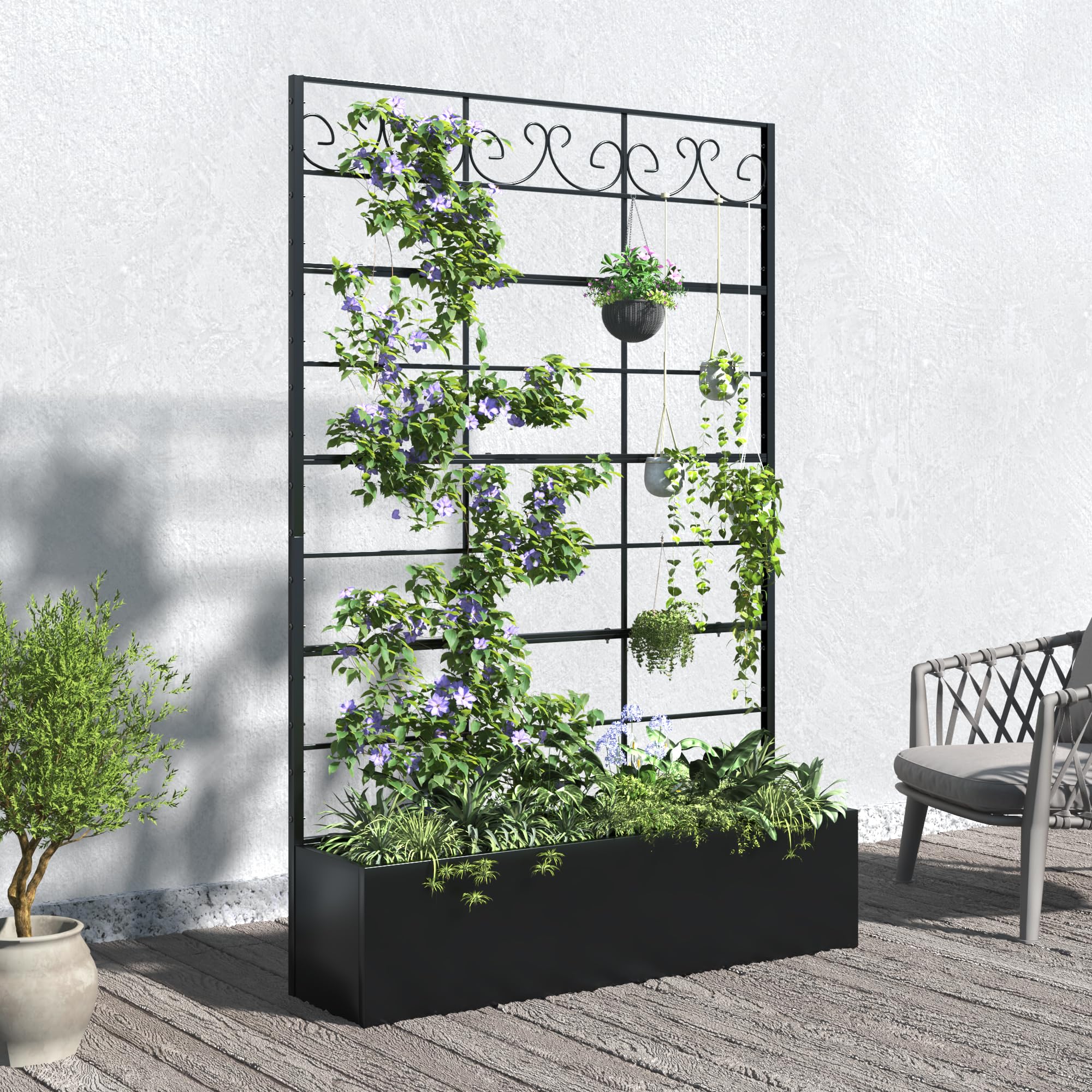 Coumy Metal Raised Garden Bed with Trellis, 70.9"x47.2"x12" Planter Box with Drainage Holes & Privacy Screen for Climbing Plants, Vegetables & Vines