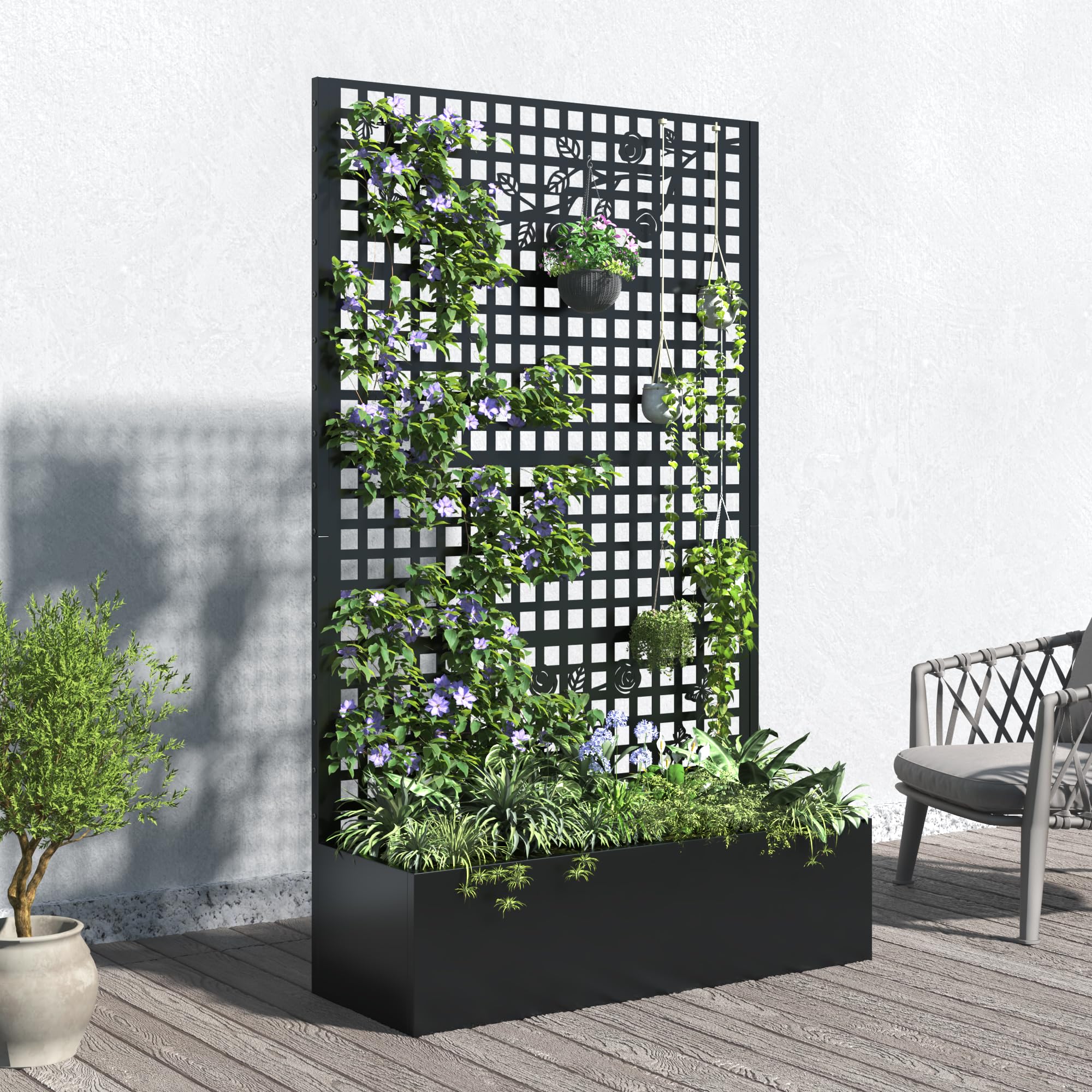 Coumy Metal Raised Garden Bed with Trellis, 70.9"x43.3"x15.8" Planter Box with Drainage Holes & Privacy Screen for Climbing Plants, Vegetables & Vines