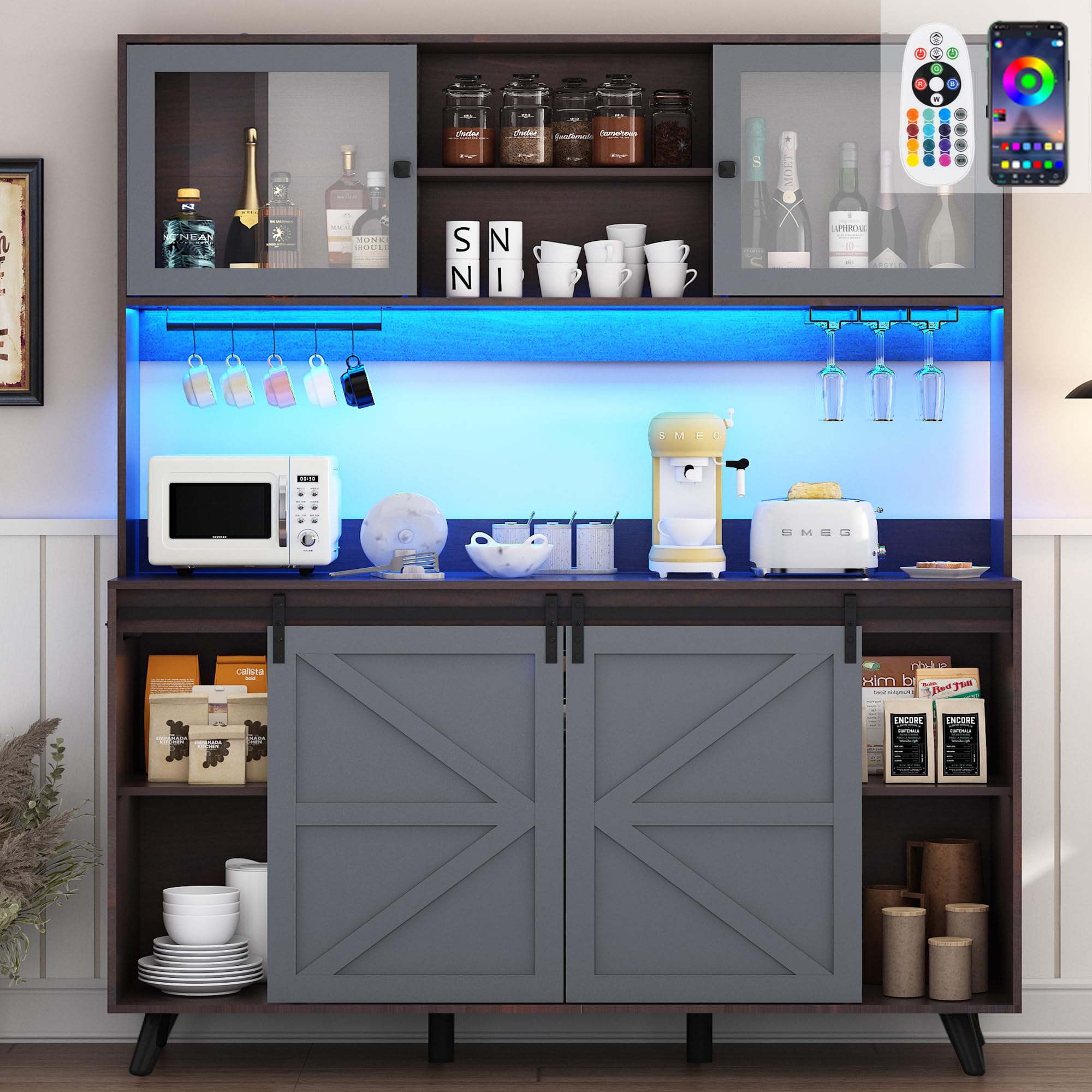 75" Tall Large Farmhouse Coffee Bar Cabinet, 63" Wide Buffet Sideboard with Barn Door, LED Lights, Outlets, 10 Wine Bottle/12 Wine Glasses Rack, 2 Drawers