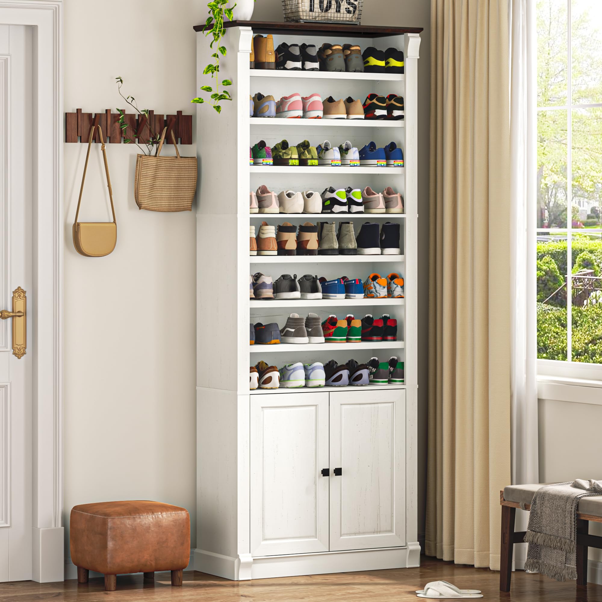 ANPOO 80" Tall Modern Farmhouse Shoe Storage Cabinet, 11-Tier Freestanding Shoe Organizer with Adjustable Shelves and Hidden Closed Cabinet, Large Capacity Wooden Shoe Rack for Entryway