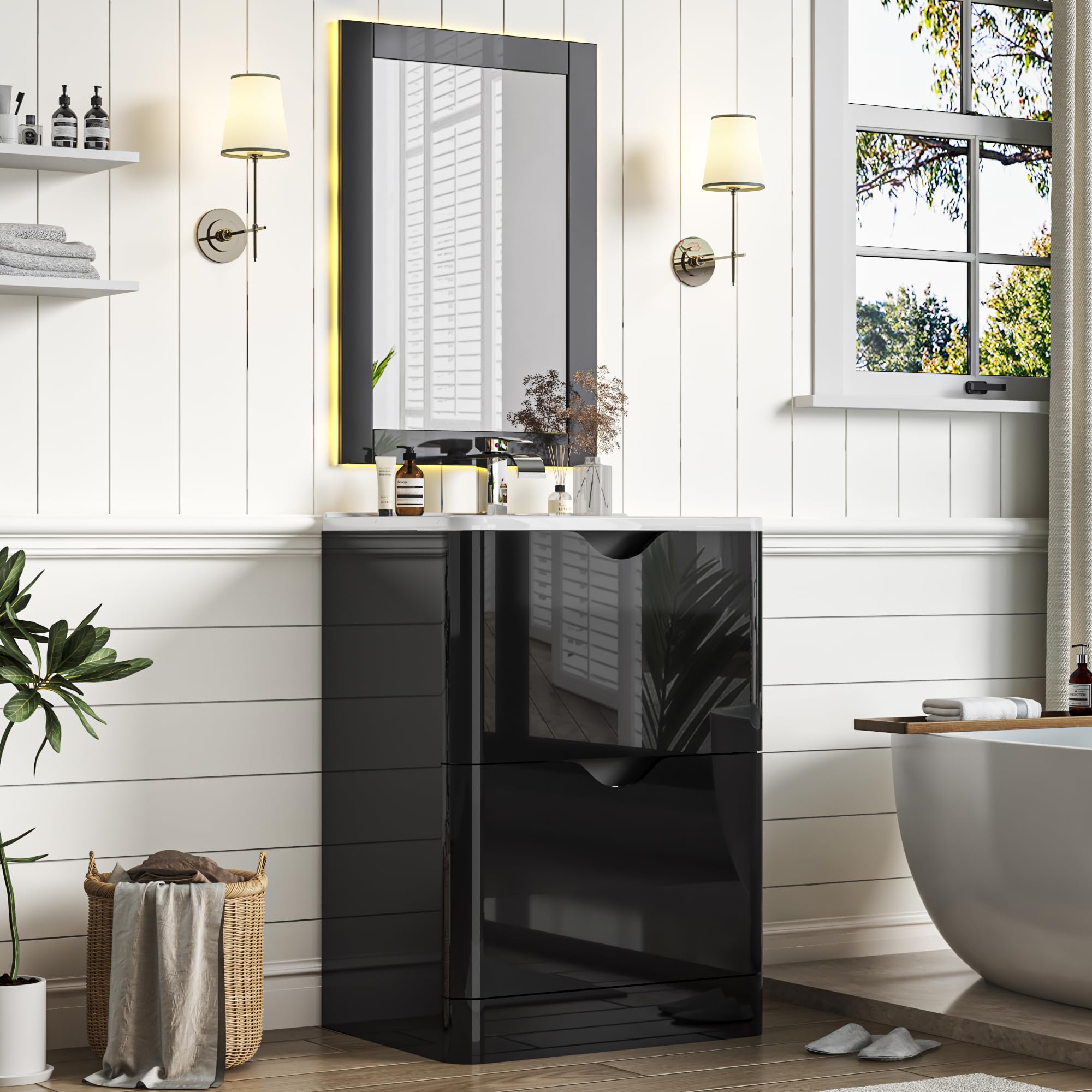 ANPOO 24 Inch High Gloss Bathroom Vanity with Sink, Mirror and Faucet, Freestanding Storage Cabinet with 2 Drawers, Modern Ceramic Sink Vanity Combo
