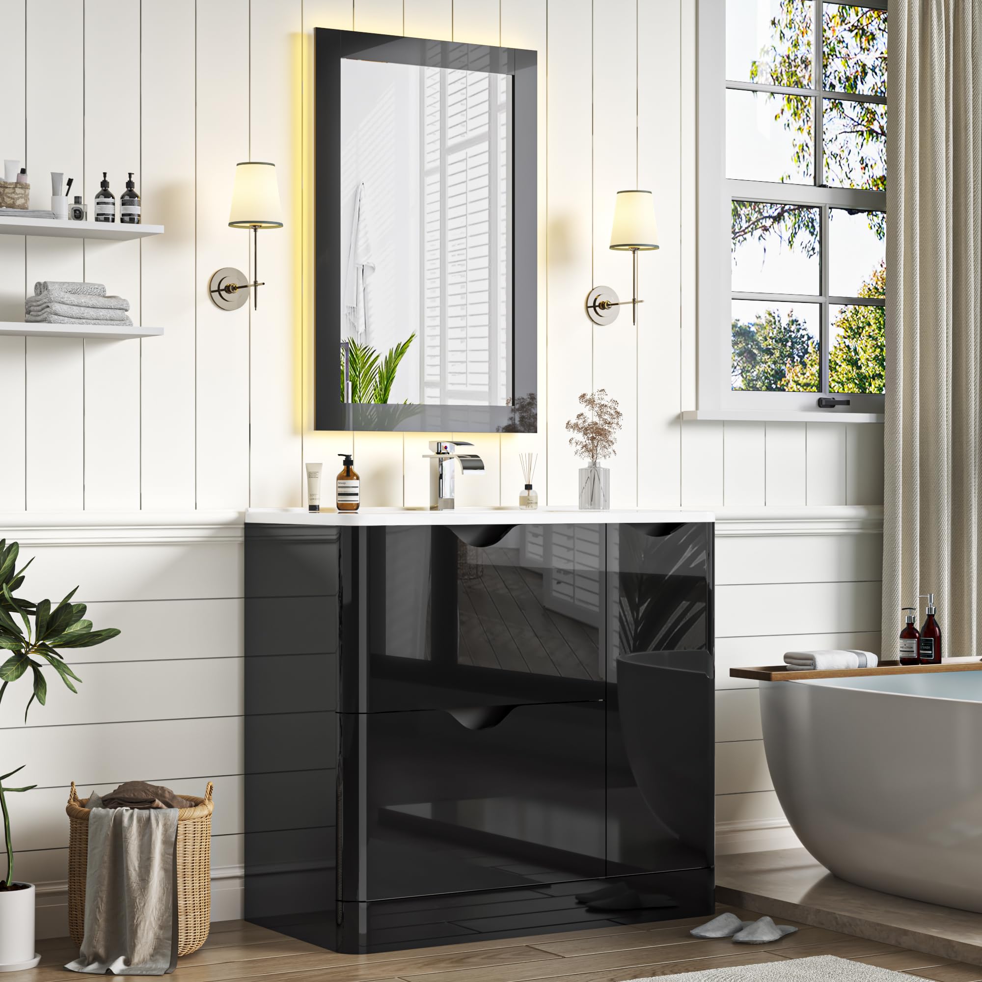 ANPOO 24 Inch High Gloss Bathroom Vanity with Sink, Mirror and Faucet, Freestanding Storage Cabinet with 2 Drawers, Modern Ceramic Sink Vanity Combo