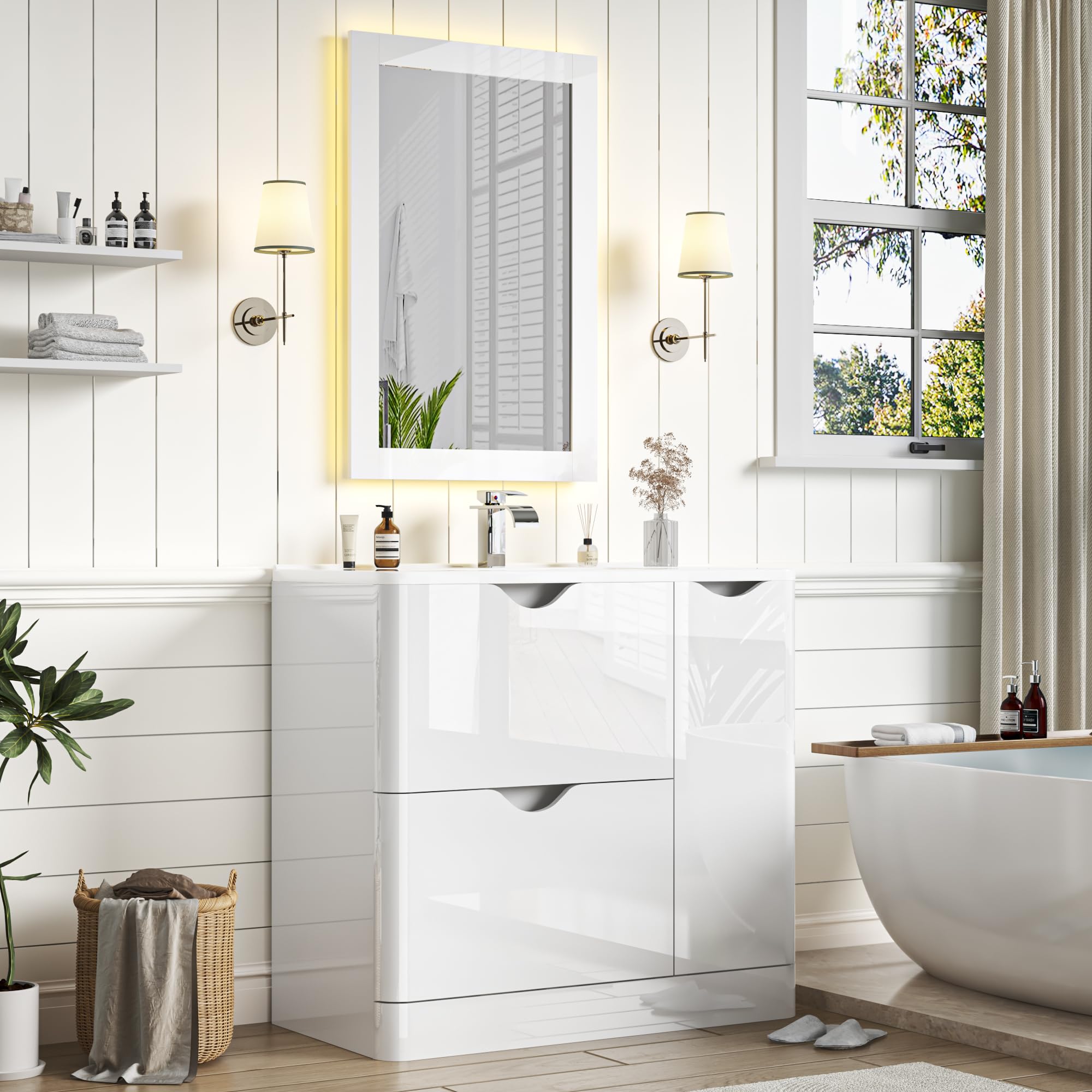 ANPOO 24 Inch High Gloss Bathroom Vanity with Sink, Mirror and Faucet, Freestanding Storage Cabinet with 2 Drawers, Modern Ceramic Sink Vanity Combo