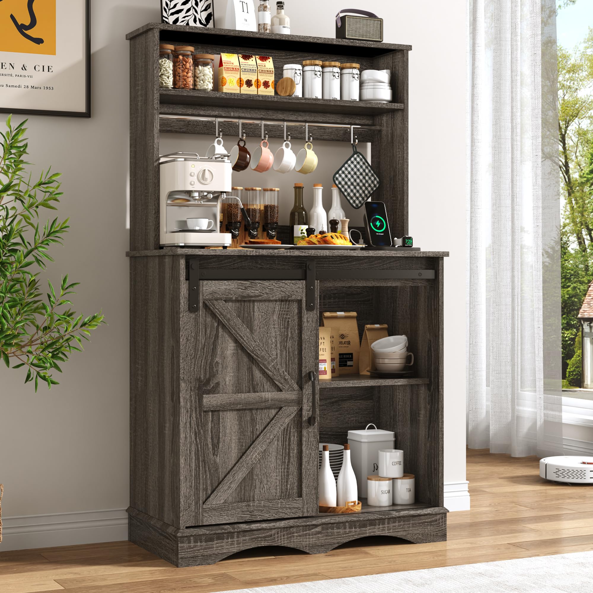 ChVans 32" Farmhouse Coffee Bar Cabinet with Storage, Aquarium Stand Fish Tank Table, Grey Accent Cabinets for Living Room, Entryway, White