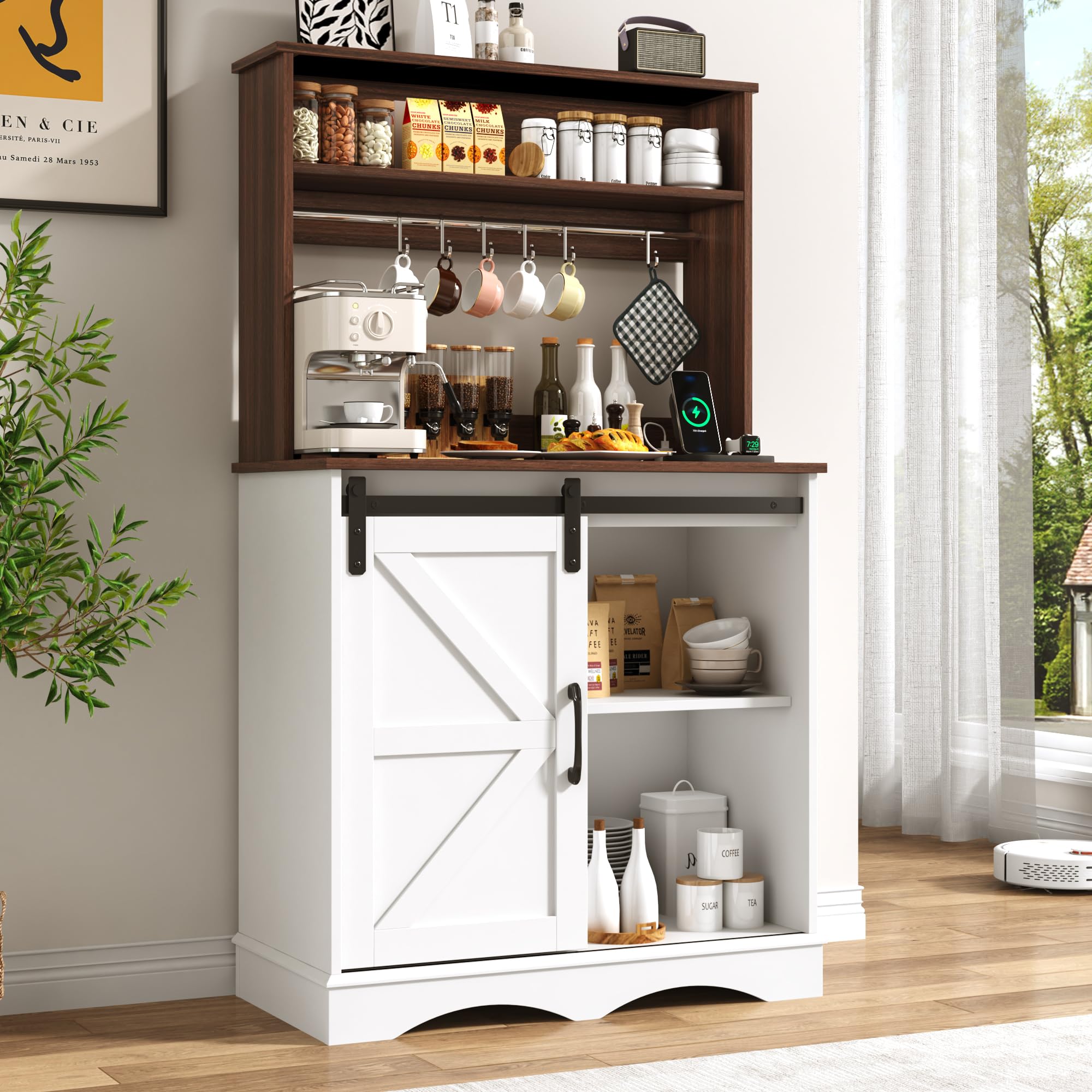 ChVans 32" Farmhouse Coffee Bar Cabinet with Storage, Aquarium Stand Fish Tank Table, Grey Accent Cabinets for Living Room, Entryway, White
