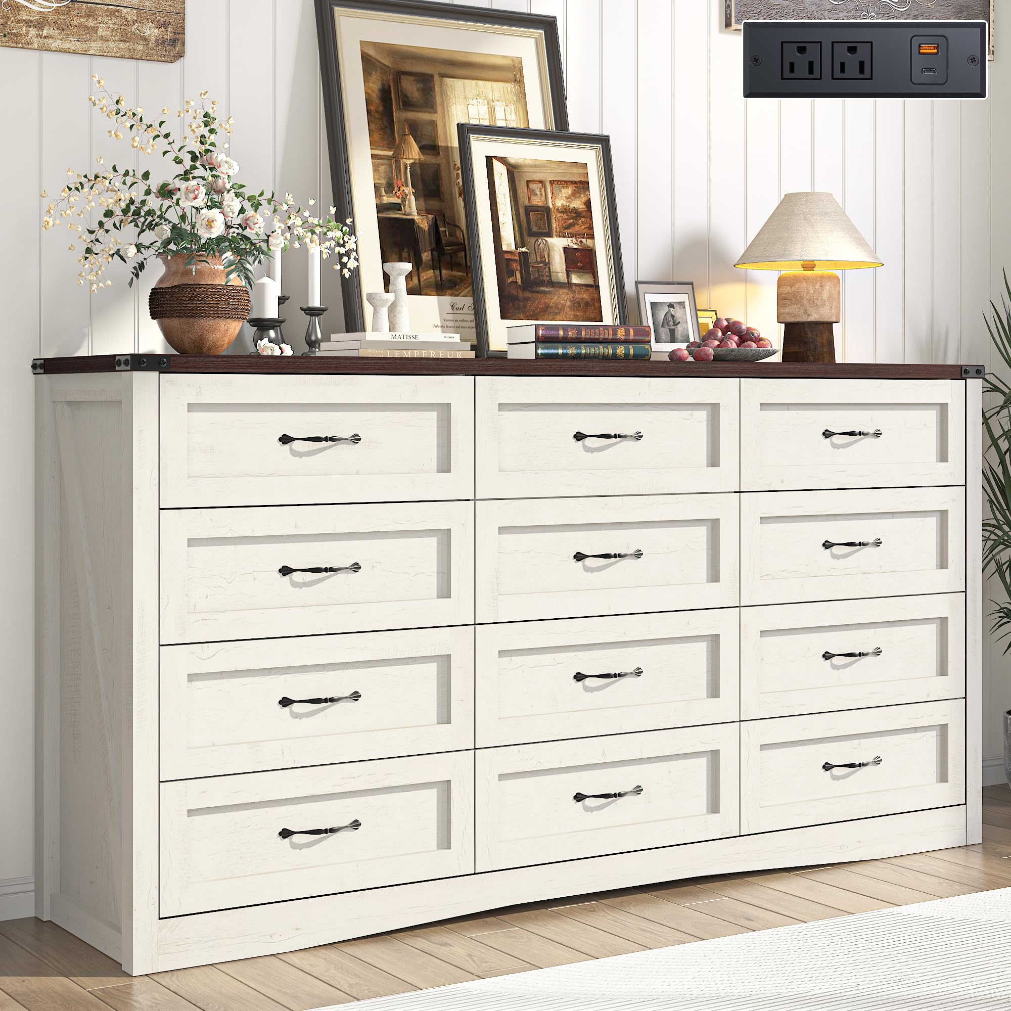 ANPOO 63 Inch Wide Rustic Farmhouse 12 Drawer Dresser, Vintage Wood Chest with Built-in Multi Power Outlet, Wood Dresser for Bedroom, Living Room, Hallway