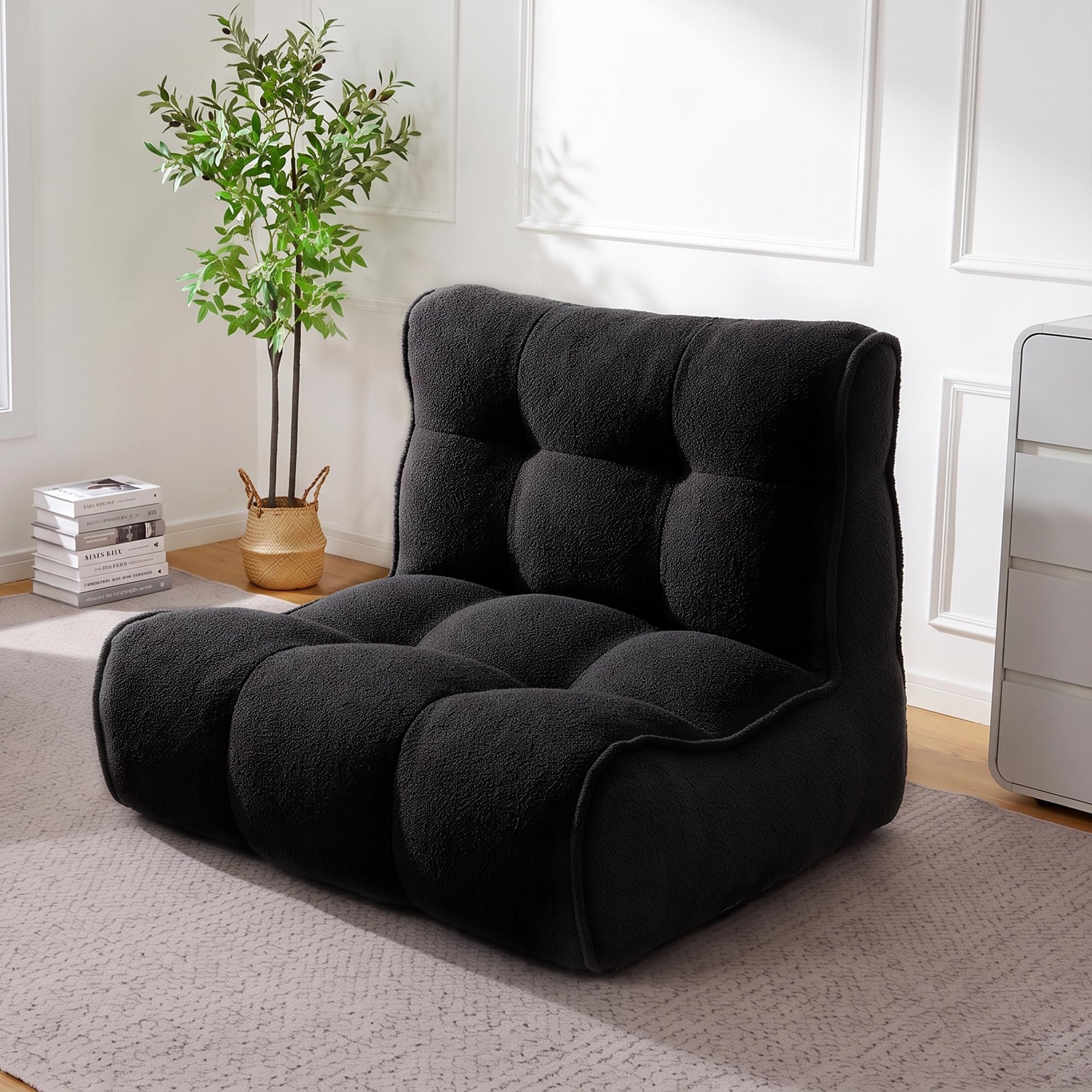 Chenille Bean Bag Floor Couch, Oversized Memory Foam Lazy Sofa, Plush Textured Floor Lounger for Bedroom, Living Room, Dorm & Game Room