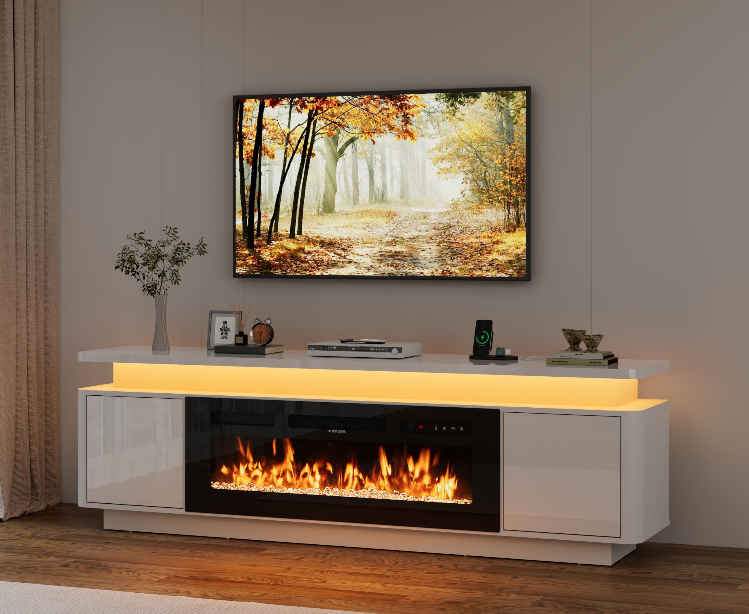 71 Inch Gloss Fireplace Media Console, 36" Electric LED Flame TV Cabinet Fits Up To 80 Inch Television