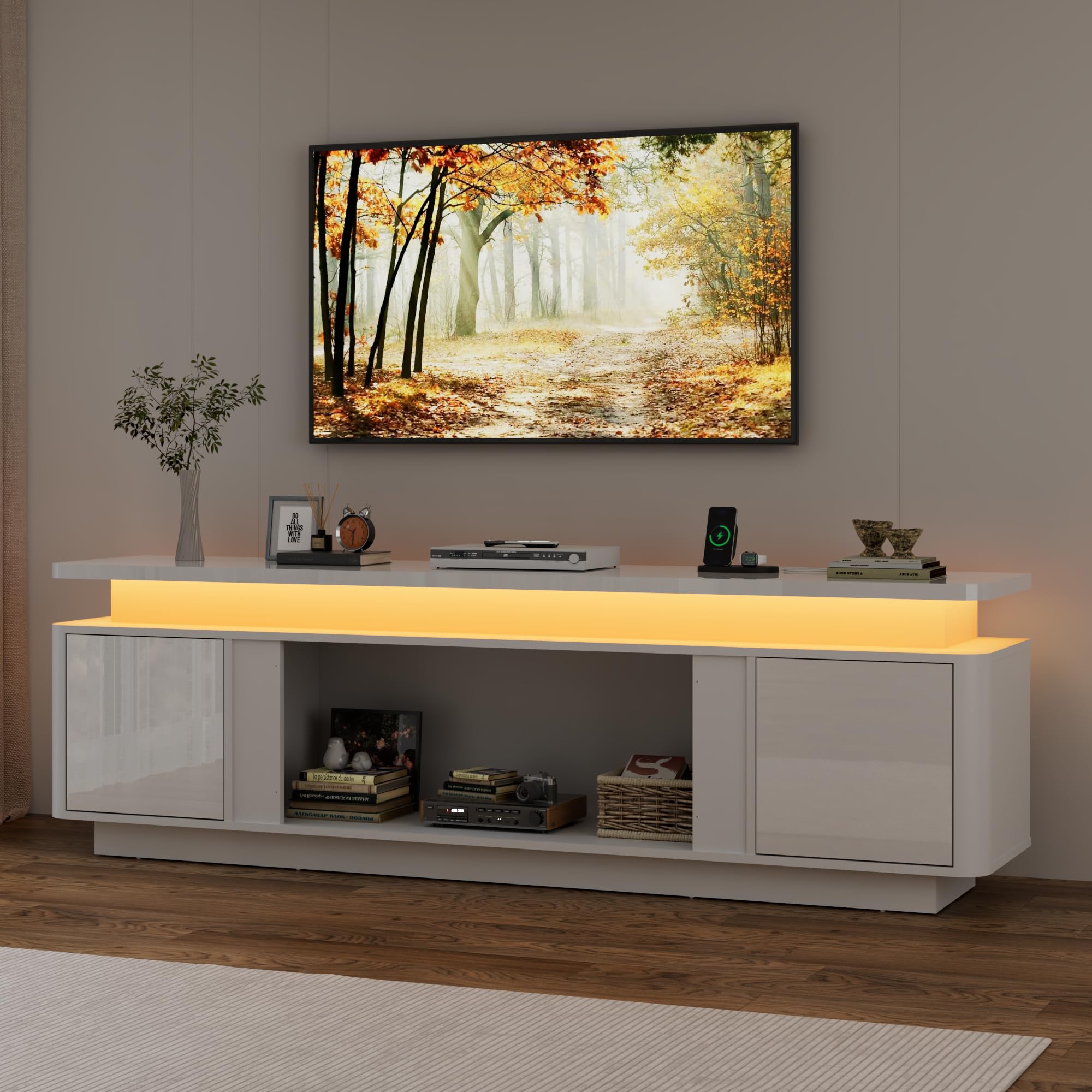  71 Inch White High Gloss Media Console, TV Cabinet With Power Strip, LED Lights & Storage For Up To 80 Inch Television