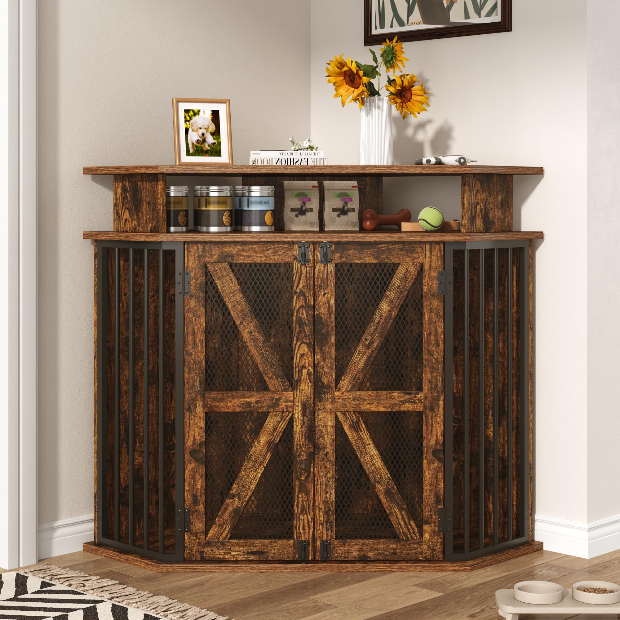 ChVans 48" Furniture-Style Corner Dog Crate, Large Wooden Dog House for Medium/Large Dogs