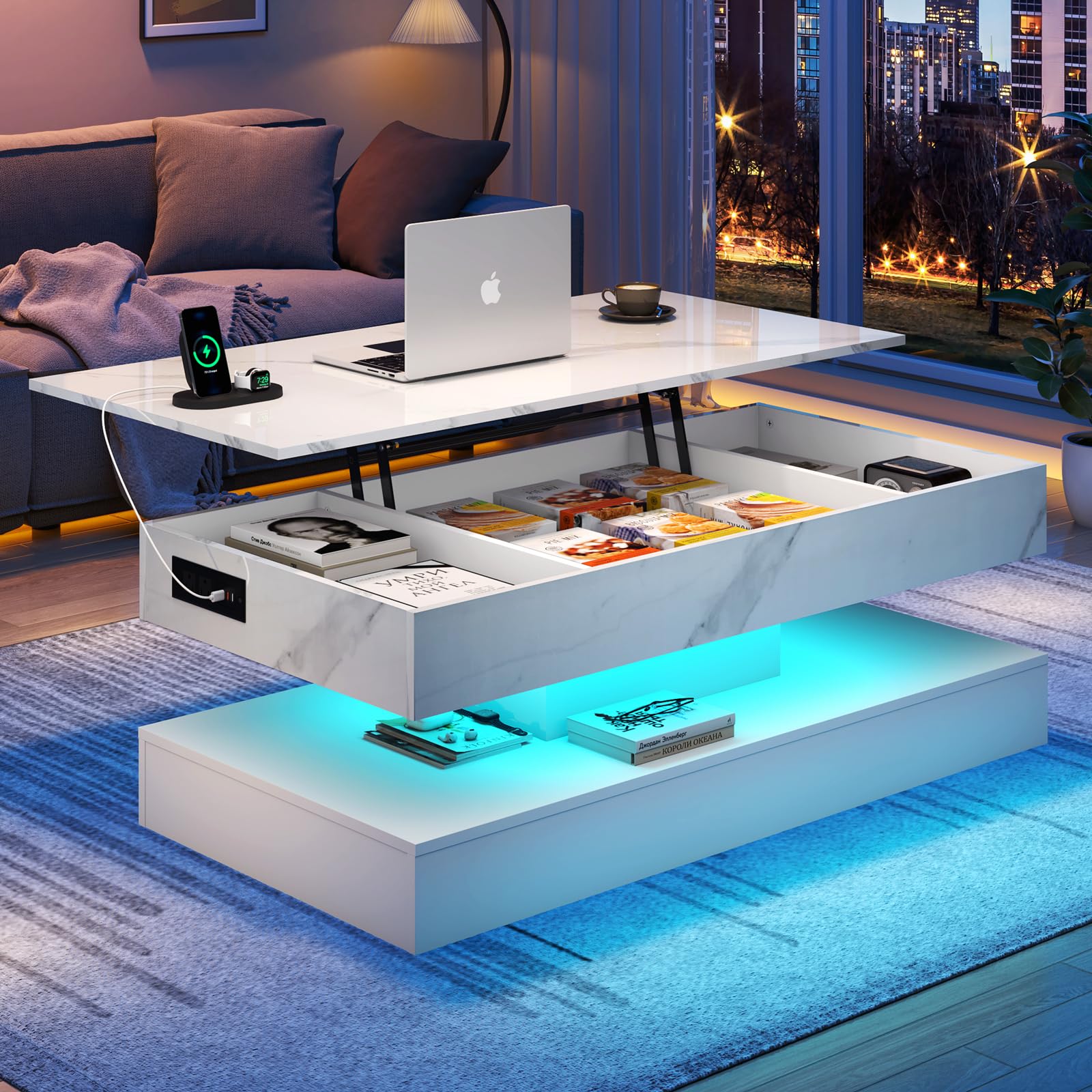 ChVans 47" Large Lift Top Coffee Table with Charging Station & LED Lights, High Glossy White LED Coffee Table with Hidden Compartment Storage, Modern Living Room Tables w/Marbling Print