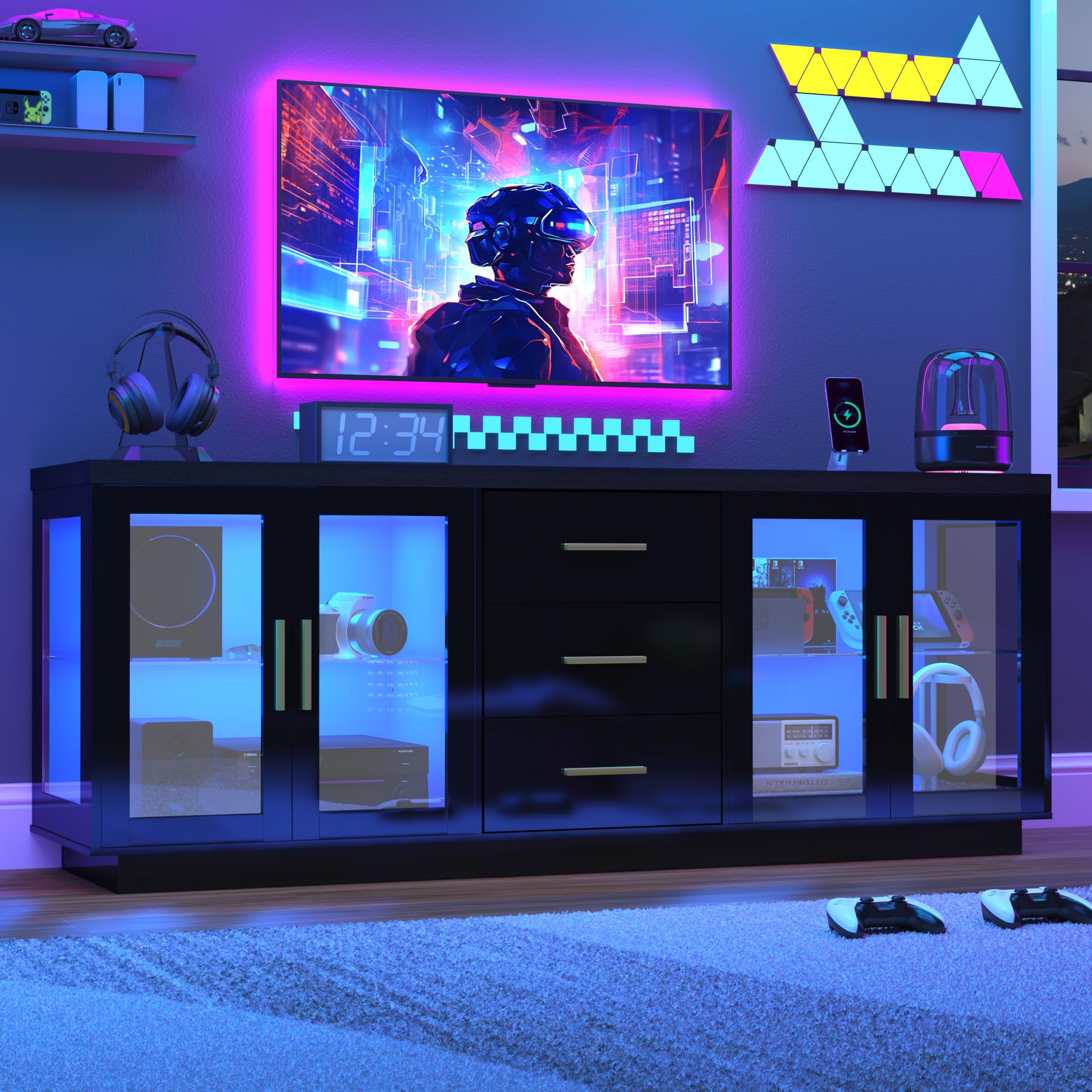 ChVans 69" Modern LED TV Stand for TVs up to 80" with Power Outlets, High Gloss Entertainment Center with Open Shelves & Storage Cabinets & Drawers for Living Room, Game Room, Bedroom