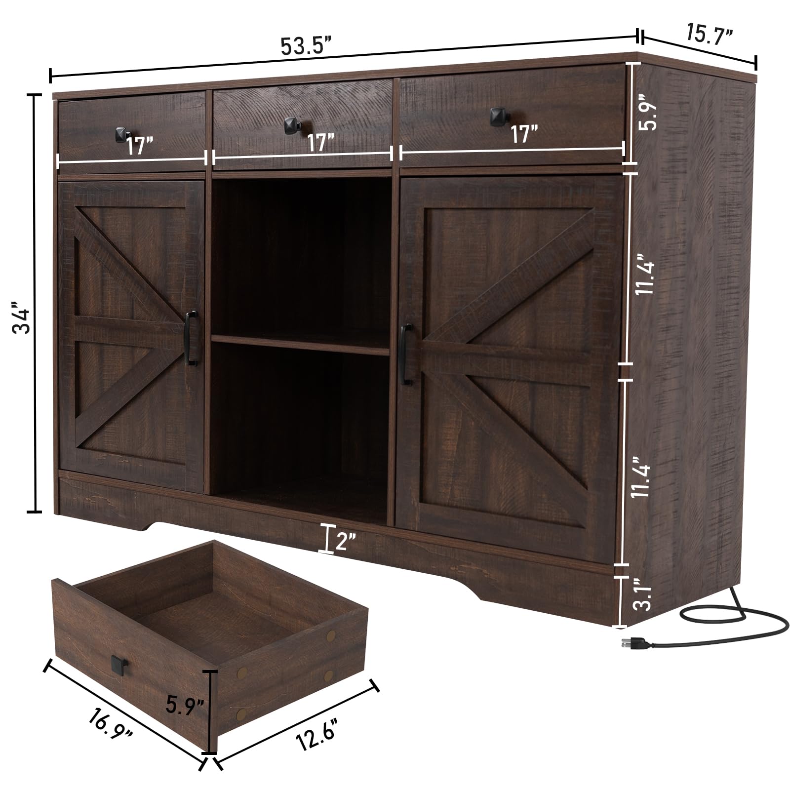 ChVans 54'' 3 Drawer Coffee Bar Cabinet with Power Charging Station & & 2 Doors